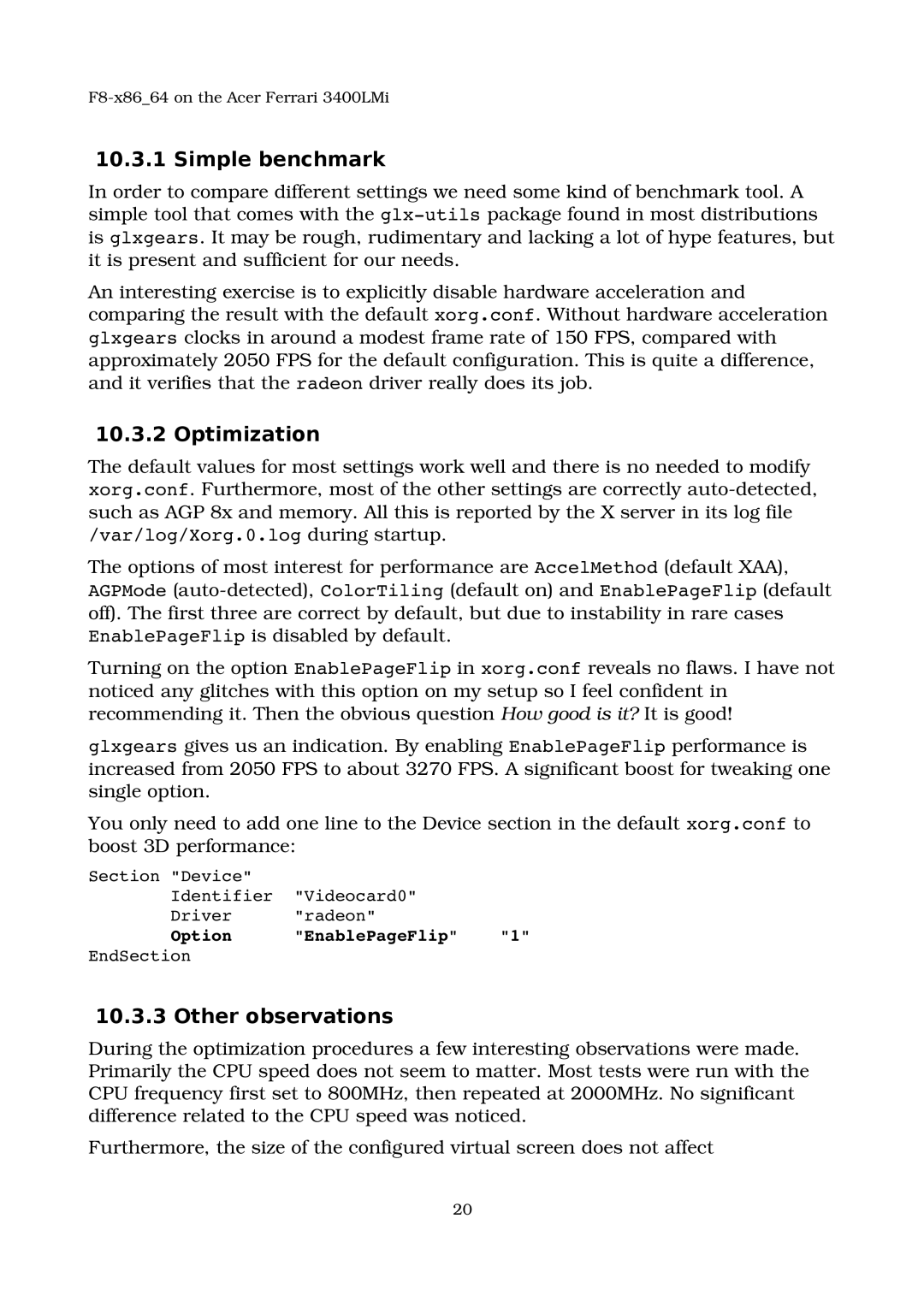 Acer 3400LMI manual Simple benchmark, Optimization, Other observations 