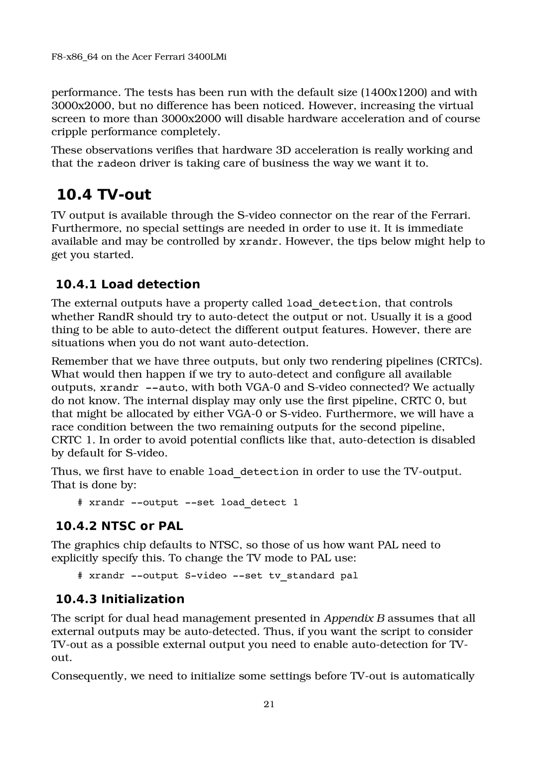 Acer 3400LMI manual TV-out, Load detection, Ntsc or PAL, Initialization 