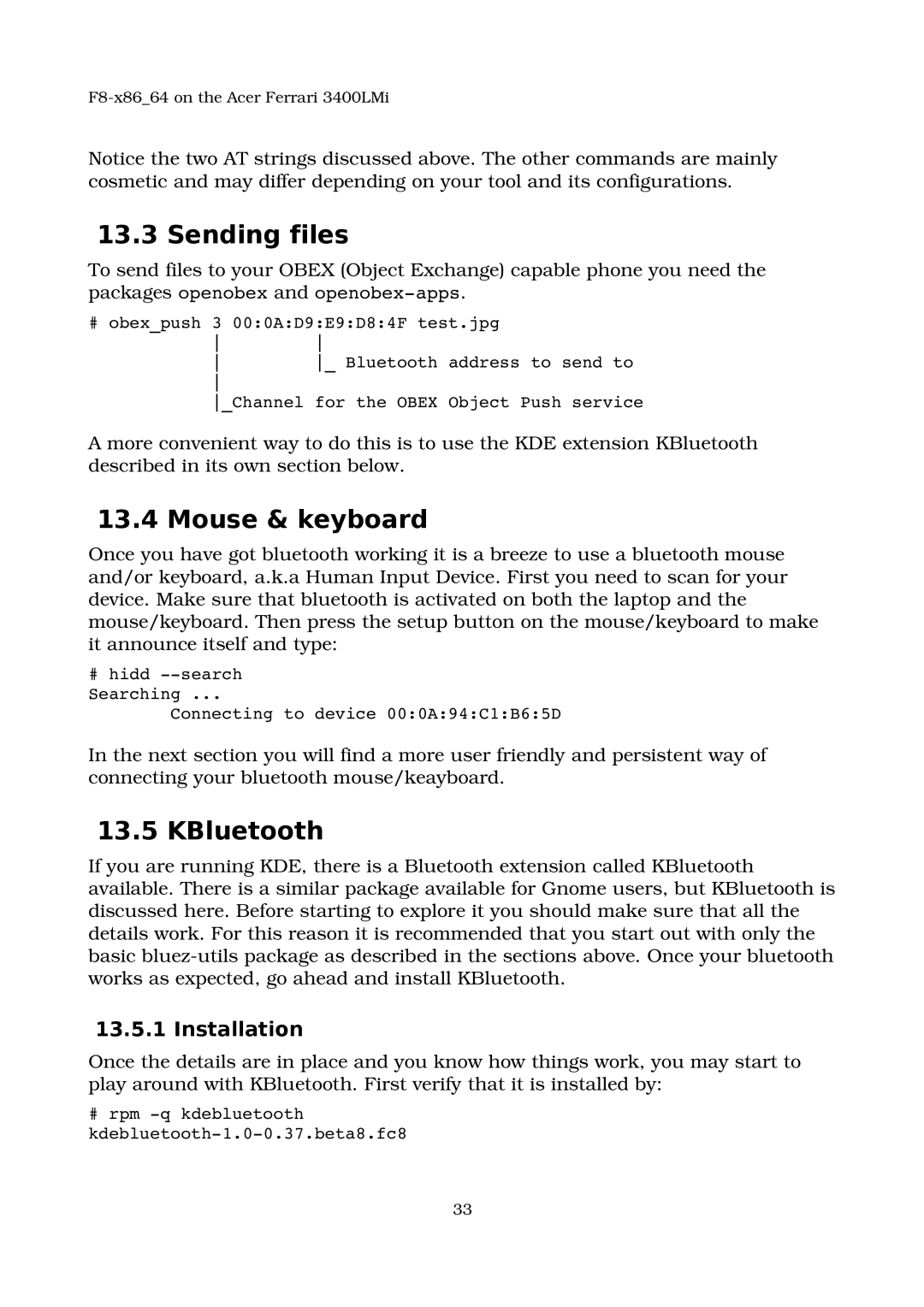 Acer 3400LMI manual Sending files, Mouse & keyboard, KBluetooth, Installation 