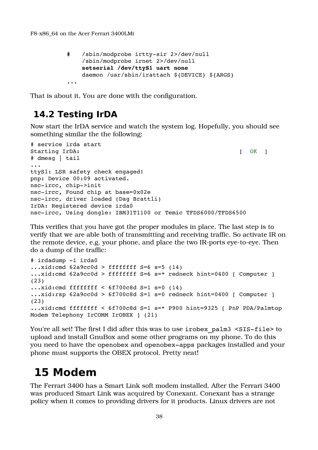 Acer 3400LMI manual Modem, Testing IrDA 