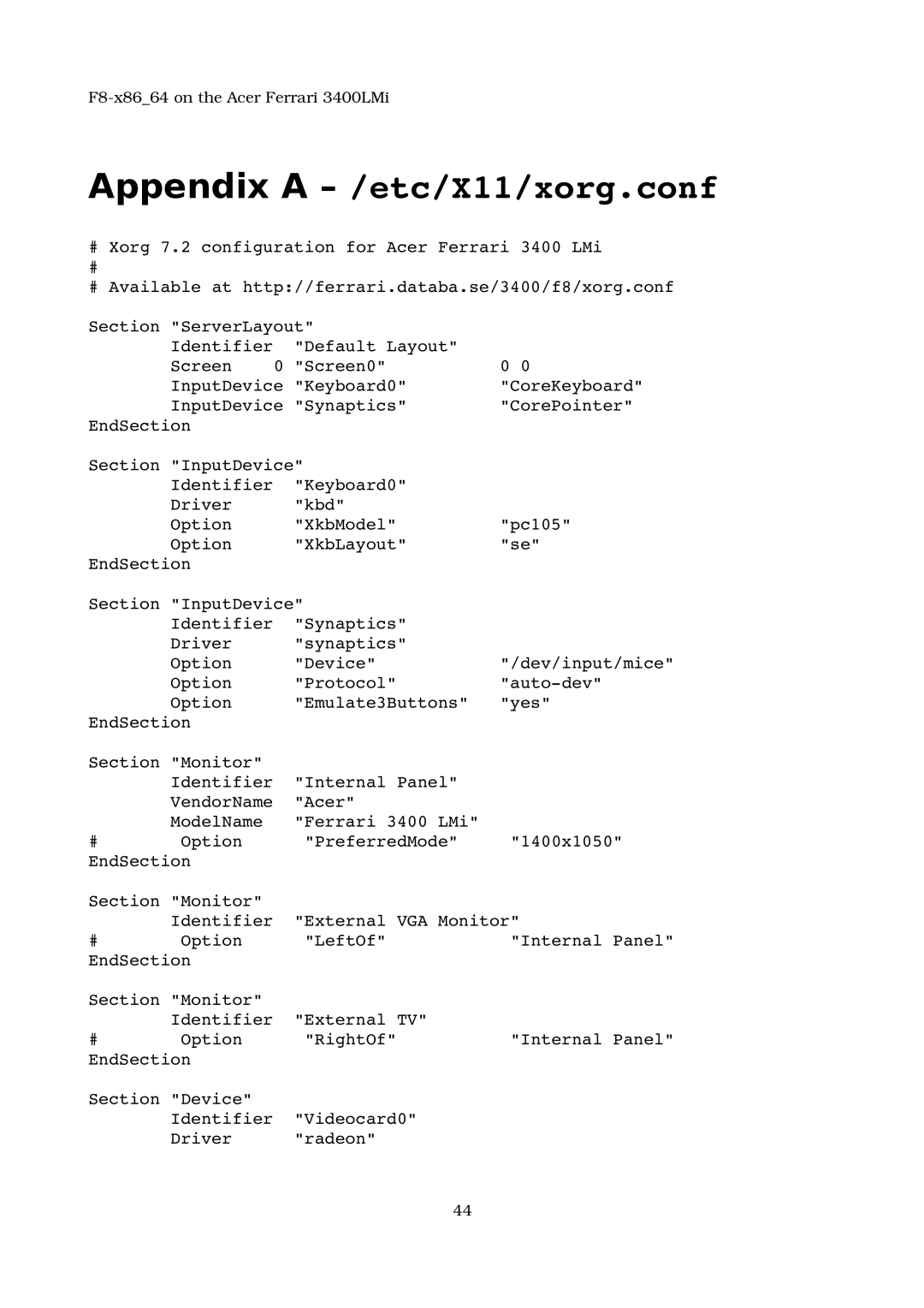 Acer 3400LMI manual Appendix a /etc/X11/xorg.conf 
