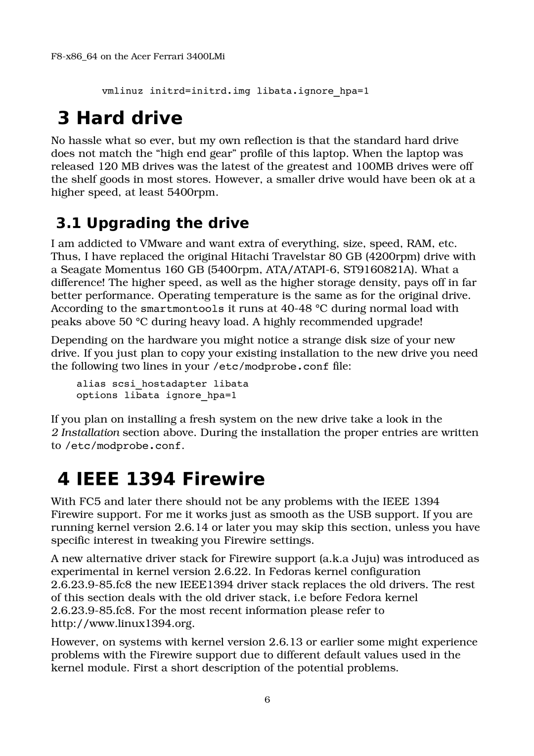 Acer 3400LMI manual Hard drive, Ieee 1394 Firewire, Upgrading the drive 