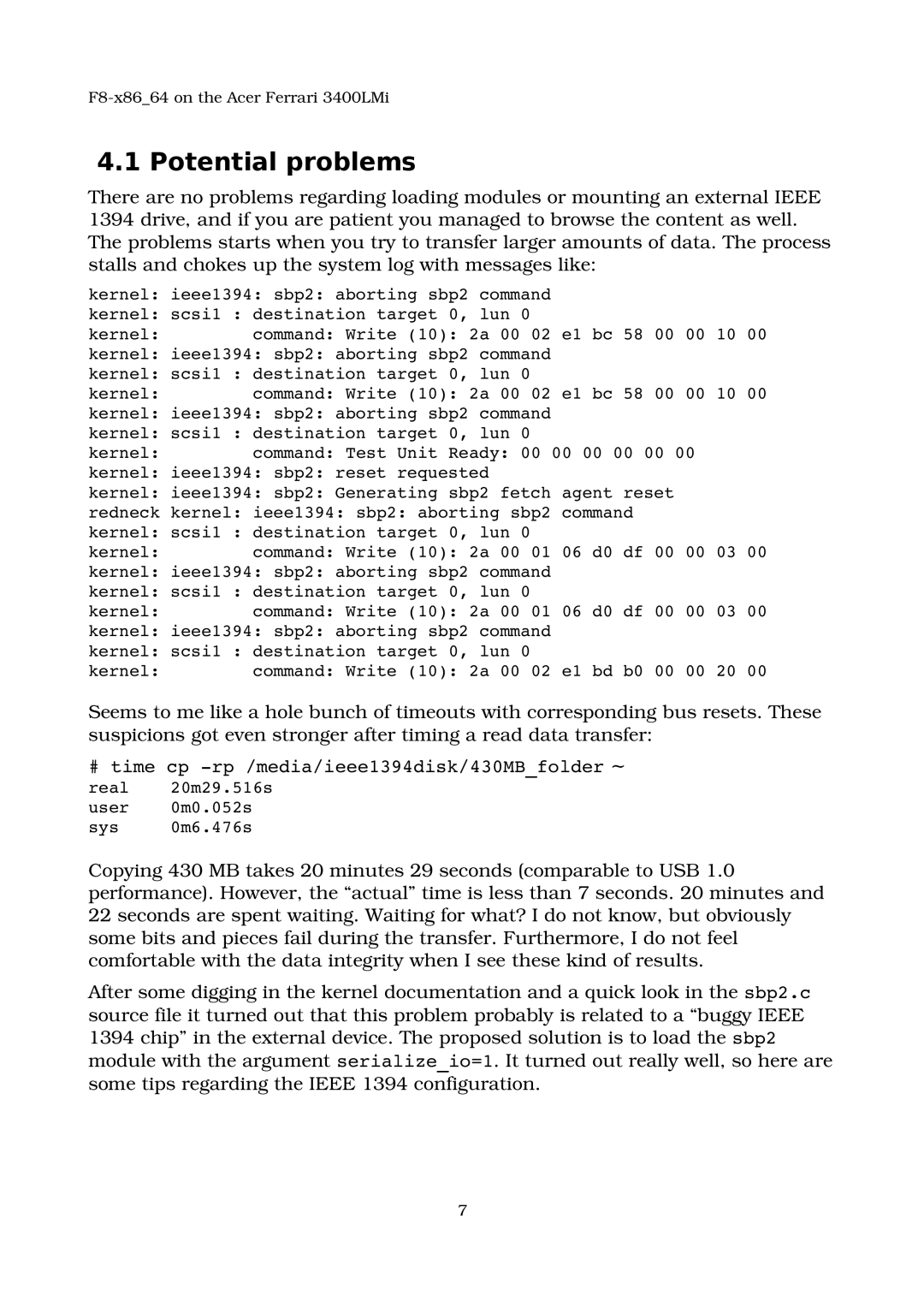 Acer 3400LMI manual Potential problems, # time cp ­rp /media/ieee1394disk/430MBfolder ~ 