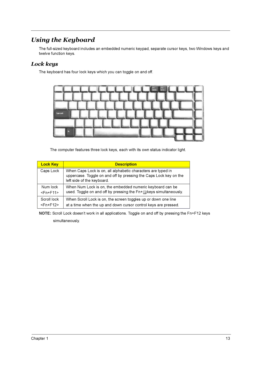 Acer 3510, 1690 manual Using the Keyboard, Lock keys, Lock Key Description 