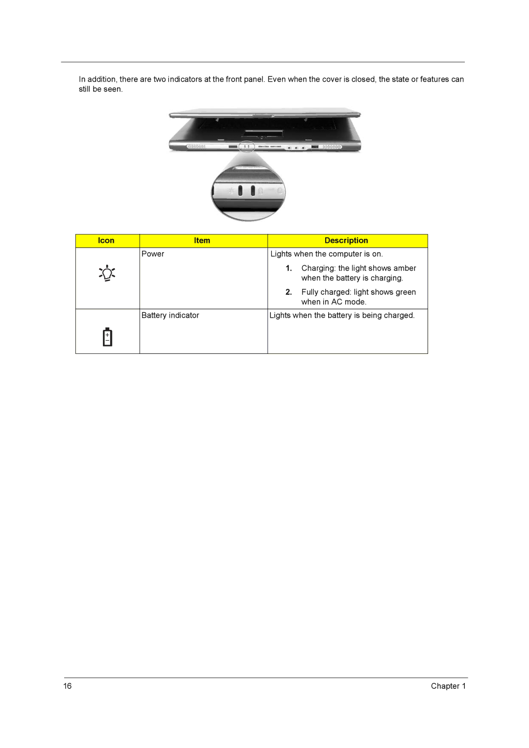 Acer 1690, 3510 manual Icon Description Power Lights when the computer is on, When the battery is charging, When in AC mode 