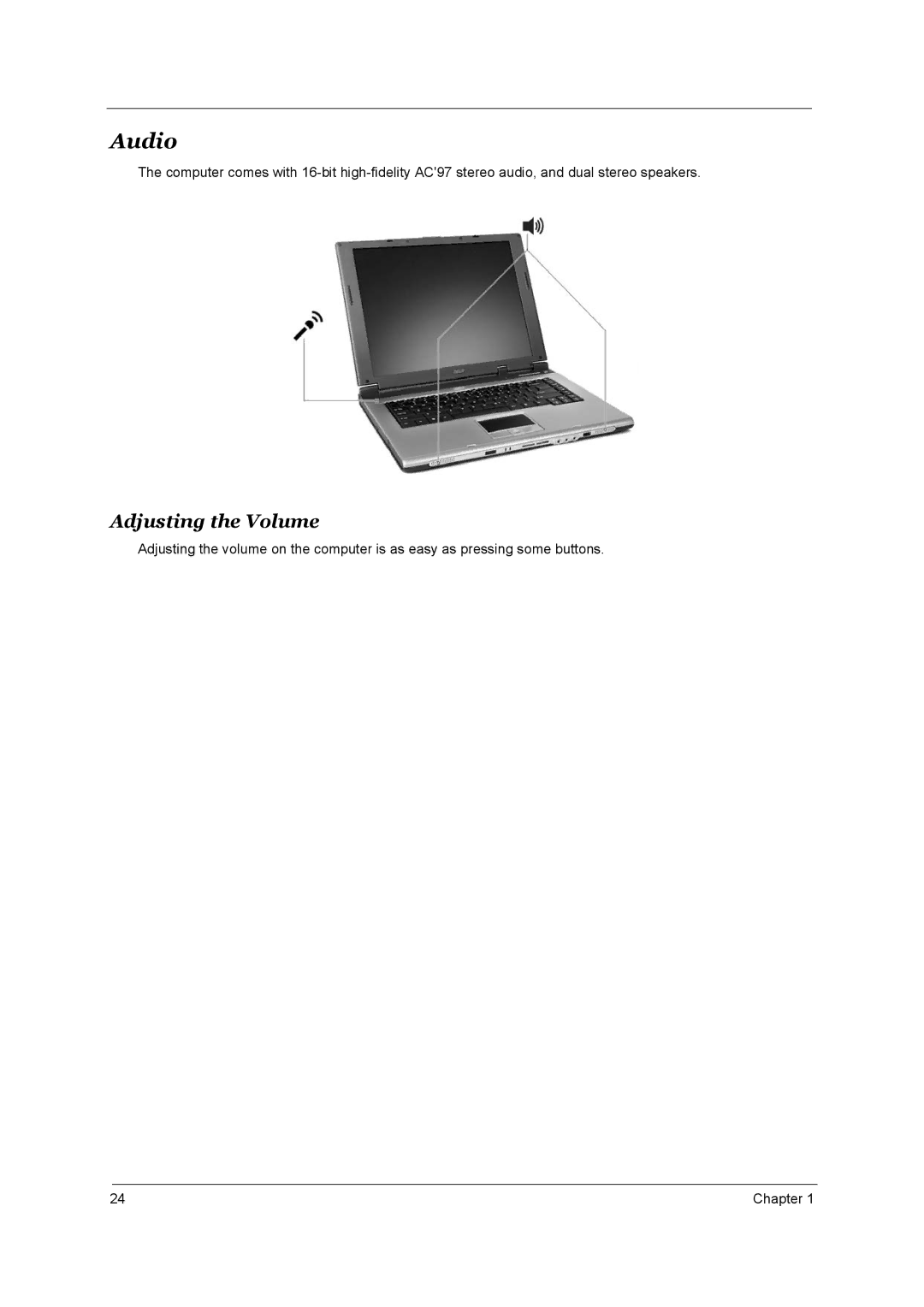 Acer 1690, 3510 manual Audio, Adjusting the Volume 