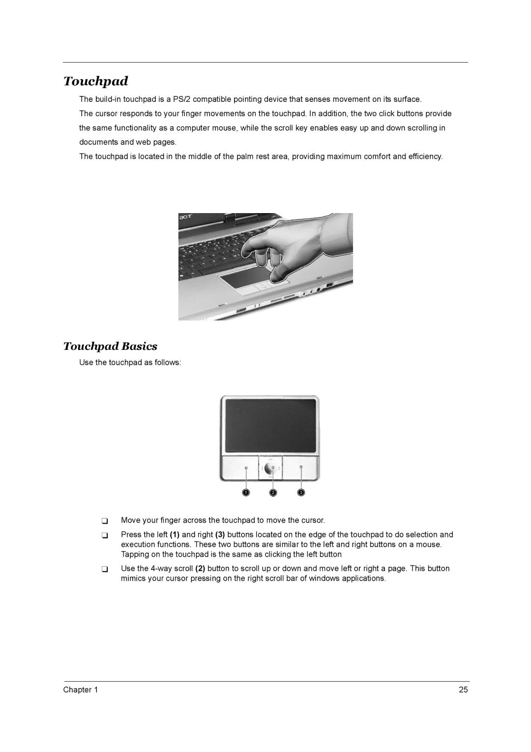 Acer 3510, 1690 manual Touchpad Basics 