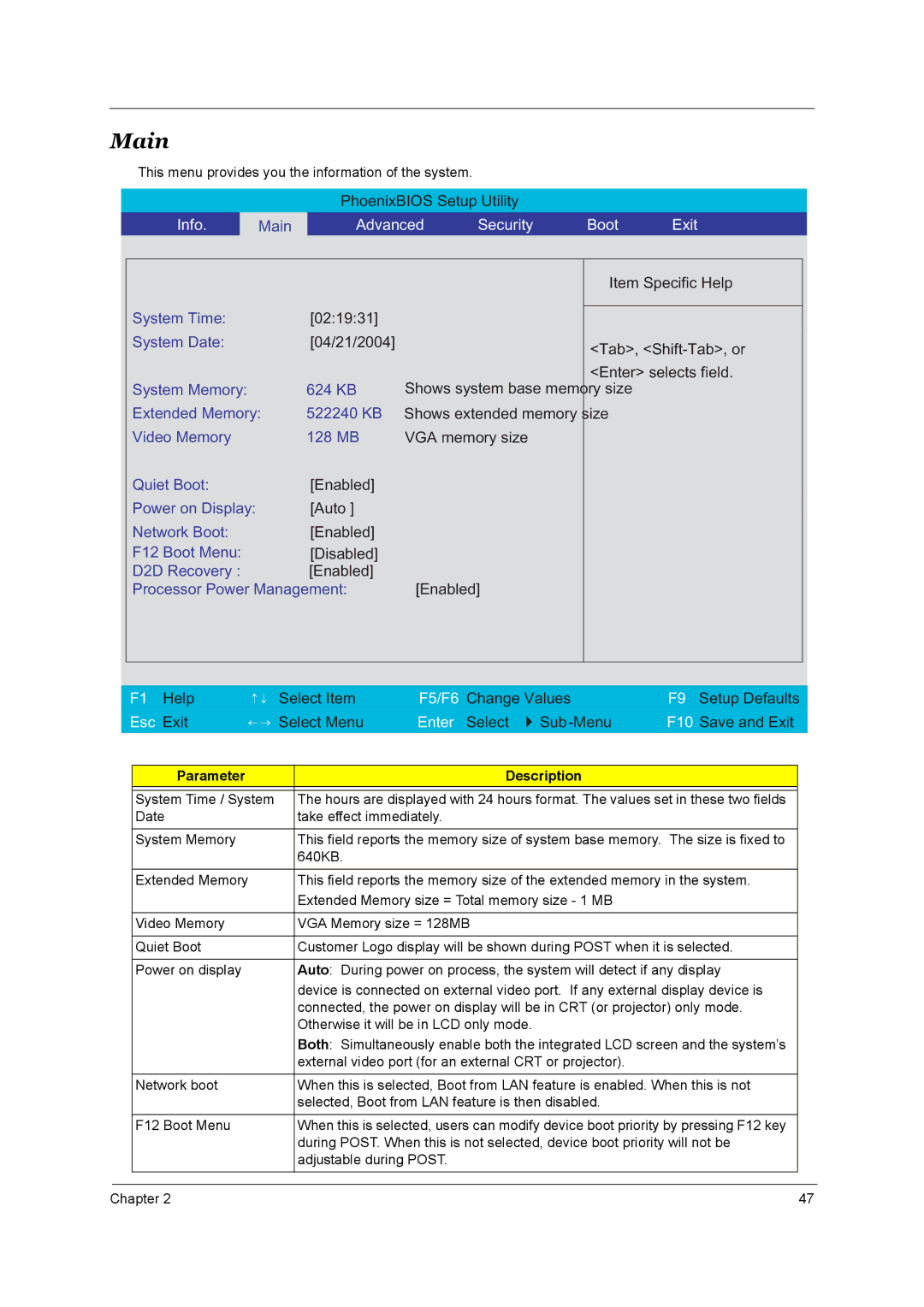 Acer 3510, 1690 manual Main, Advanced Security Boot Exit 