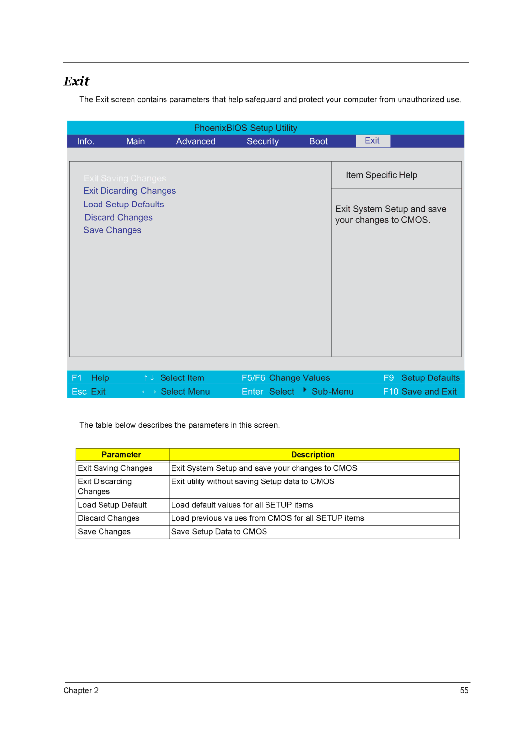 Acer 3510, 1690 manual Exit, Info Main Advanced Security Boot 