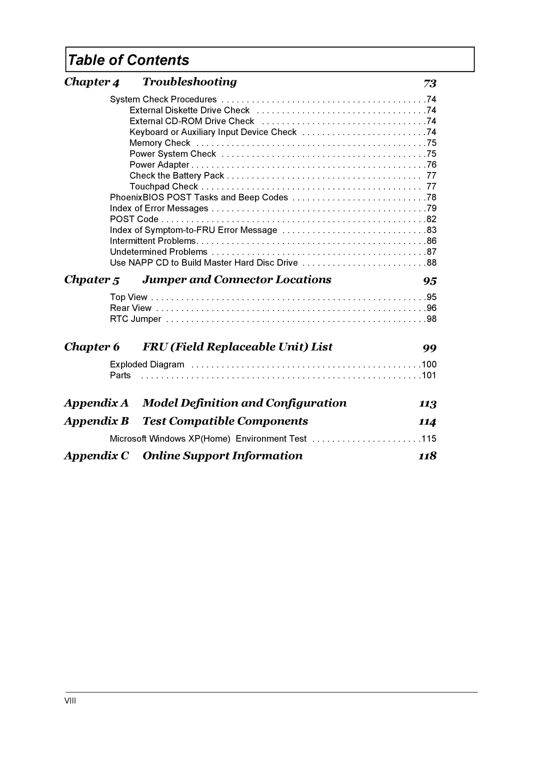 Acer 1690, 3510 Chapter Troubleshooting, Chpater Jumper and Connector Locations, Chapter FRU Field Replaceable Unit List 