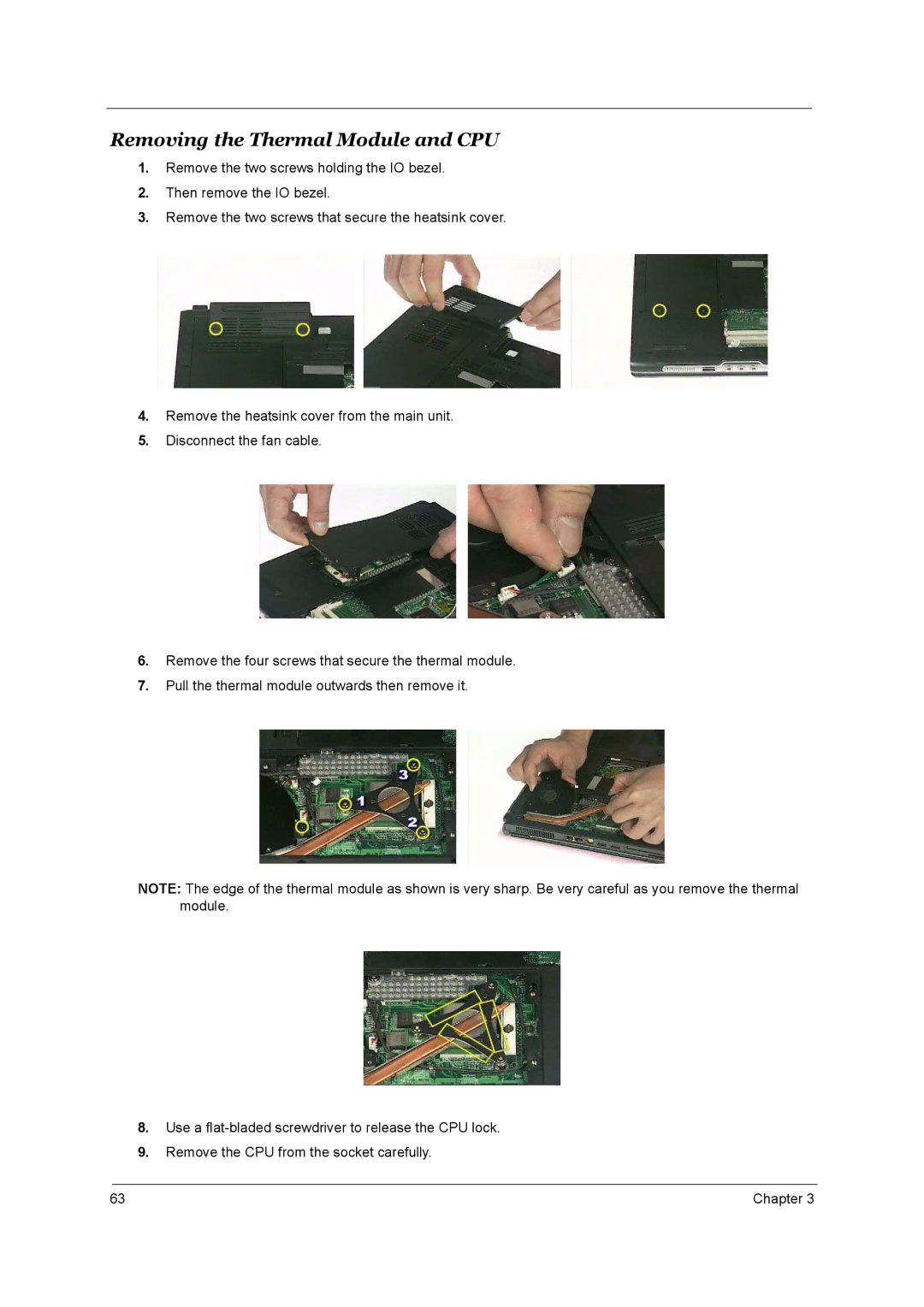 Acer 3510, 1690 manual Removing the Thermal Module and CPU 