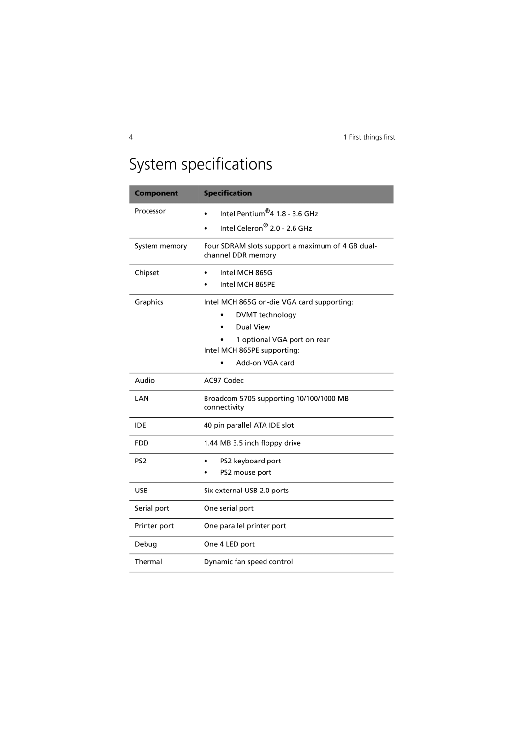 Acer 3600 Series manual System specifications, Component Specification 