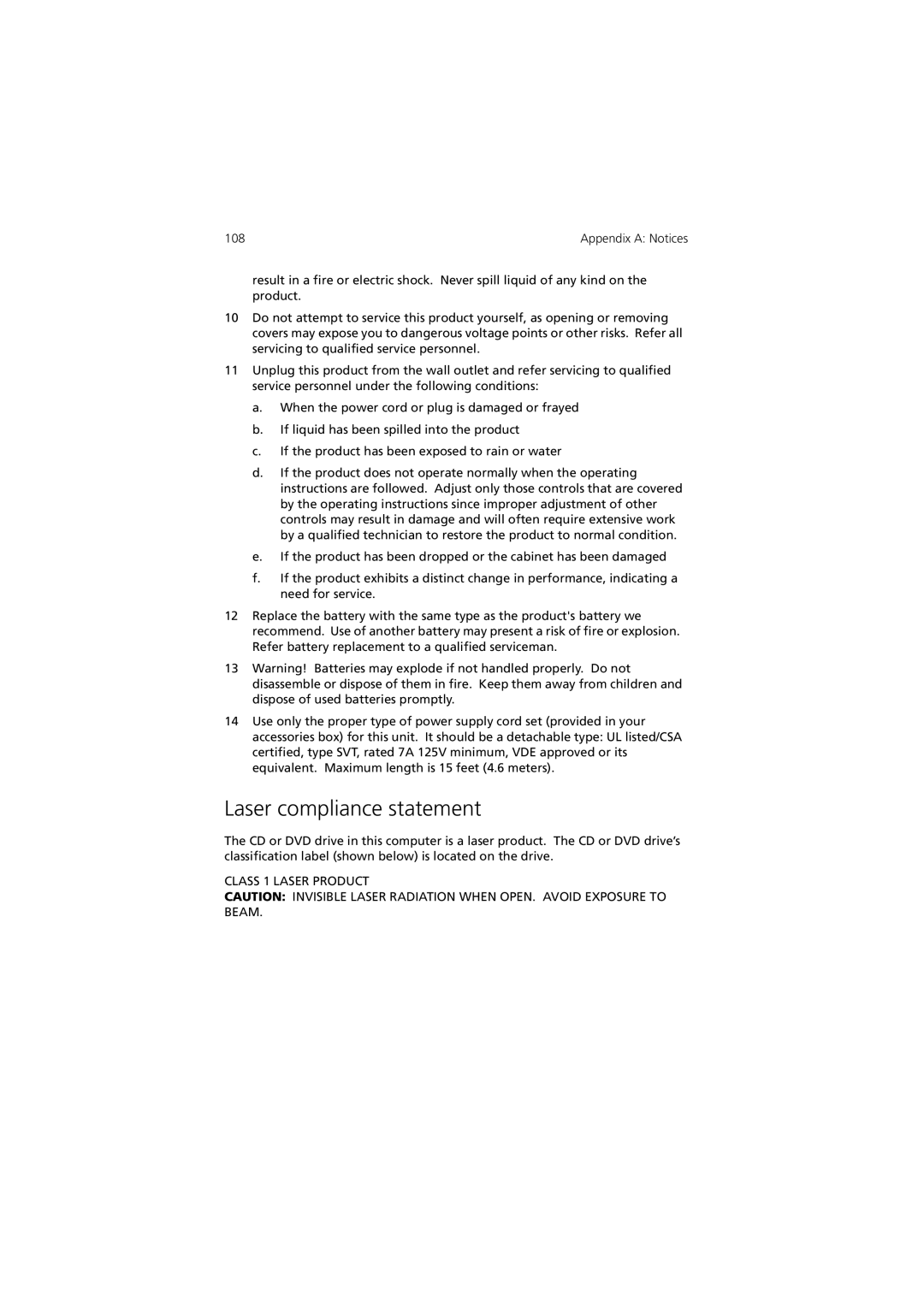 Acer 3600 Series manual Laser compliance statement 