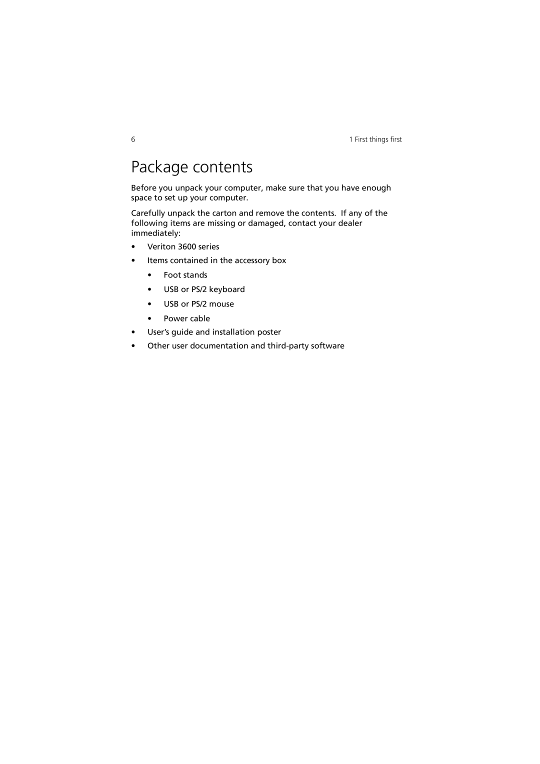 Acer 3600 Series manual Package contents 