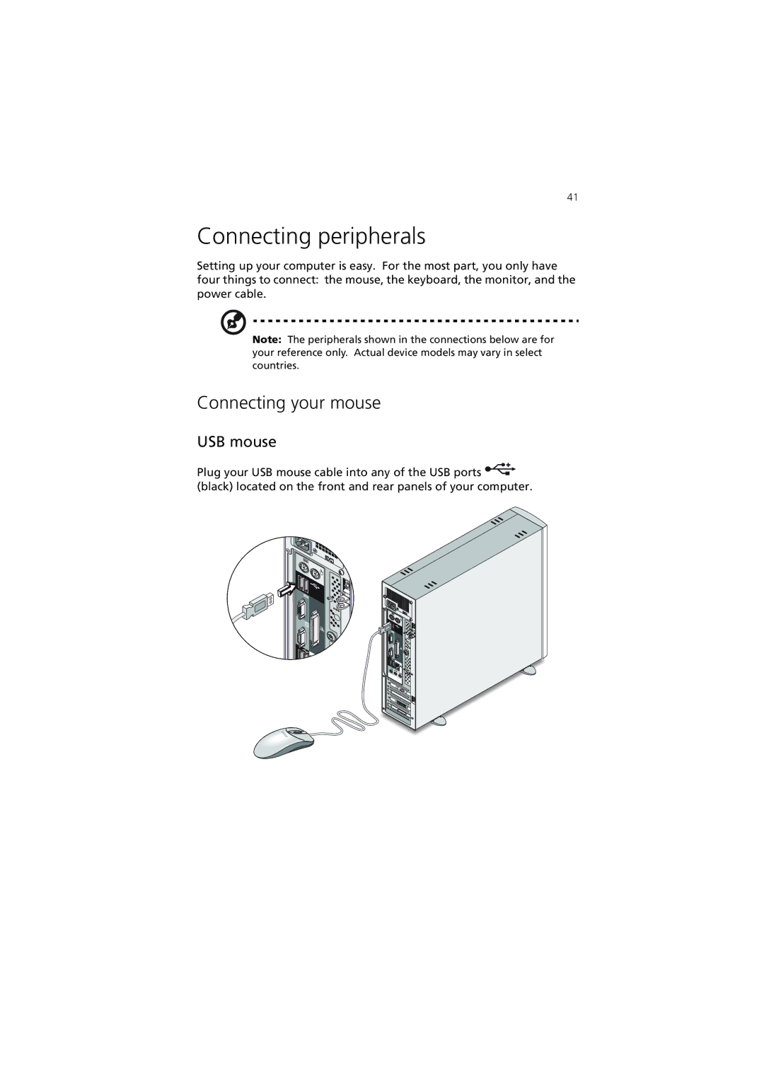 Acer 3600 Series manual Connecting peripherals, Connecting your mouse, USB mouse 