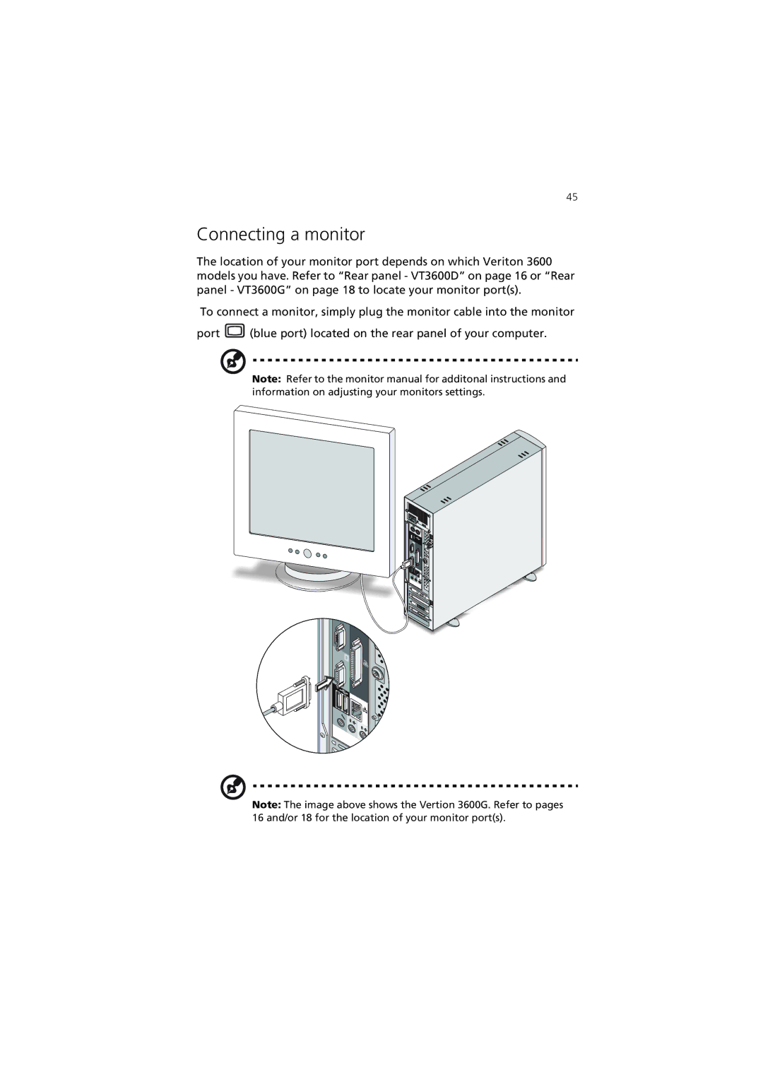 Acer 3600 Series manual Connecting a monitor 