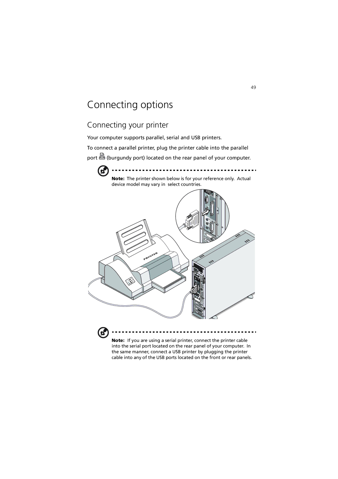 Acer 3600 Series manual Connecting options, Connecting your printer 