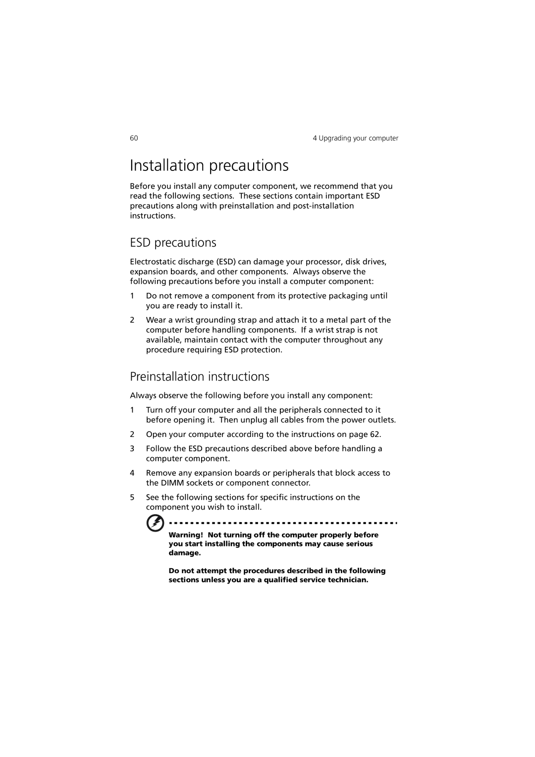 Acer 3600 Series manual Installation precautions, ESD precautions, Preinstallation instructions 