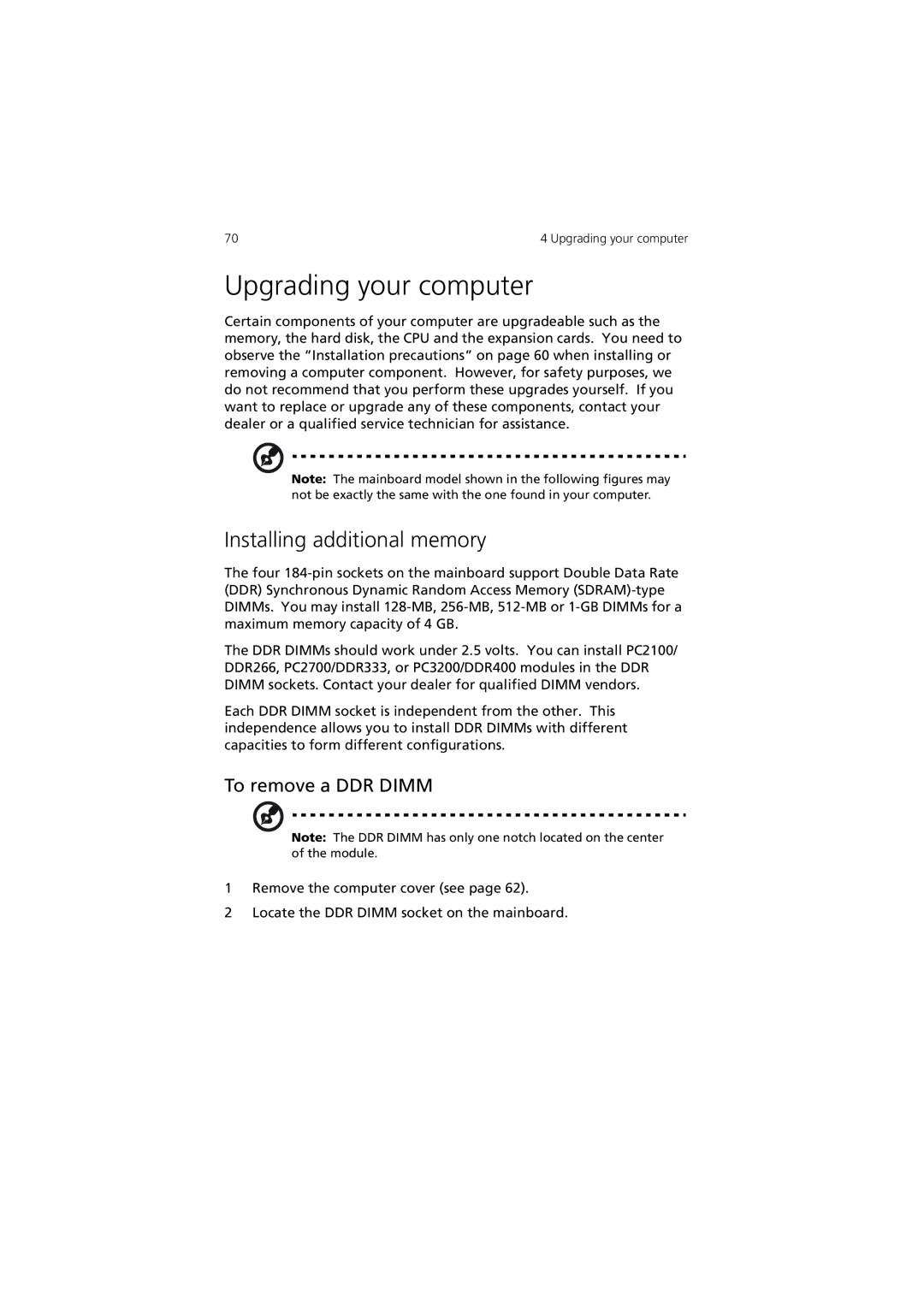 Acer 3600 Series manual Upgrading your computer, Installing additional memory, To remove a DDR Dimm 