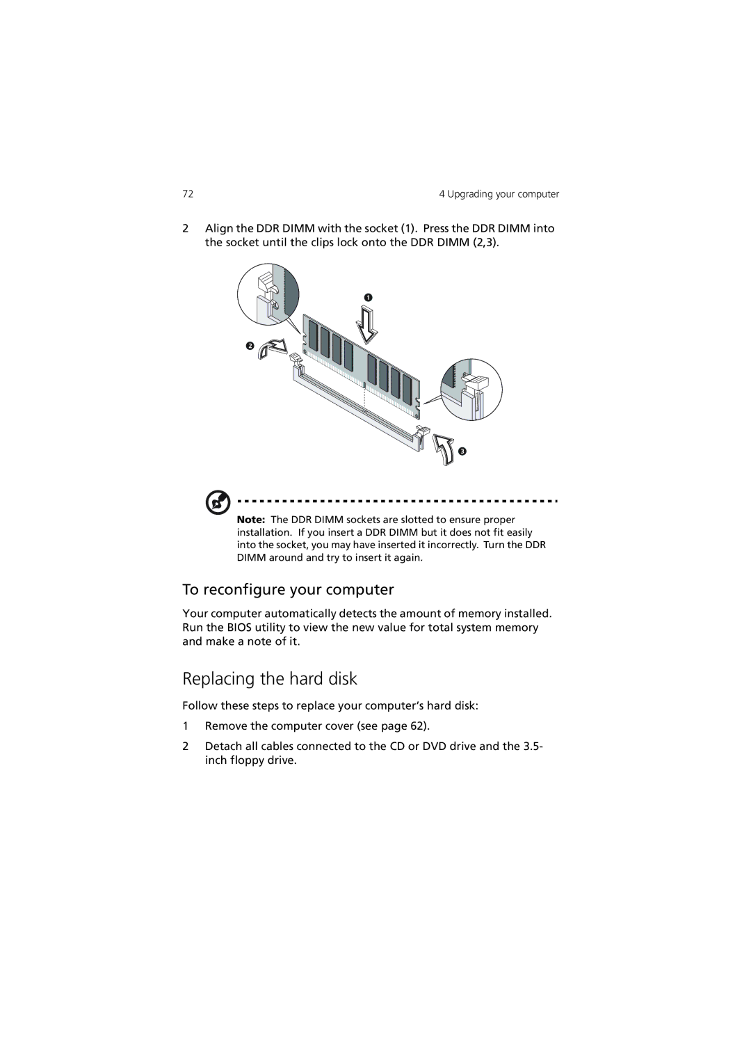 Acer 3600 Series manual Replacing the hard disk, To reconfigure your computer 