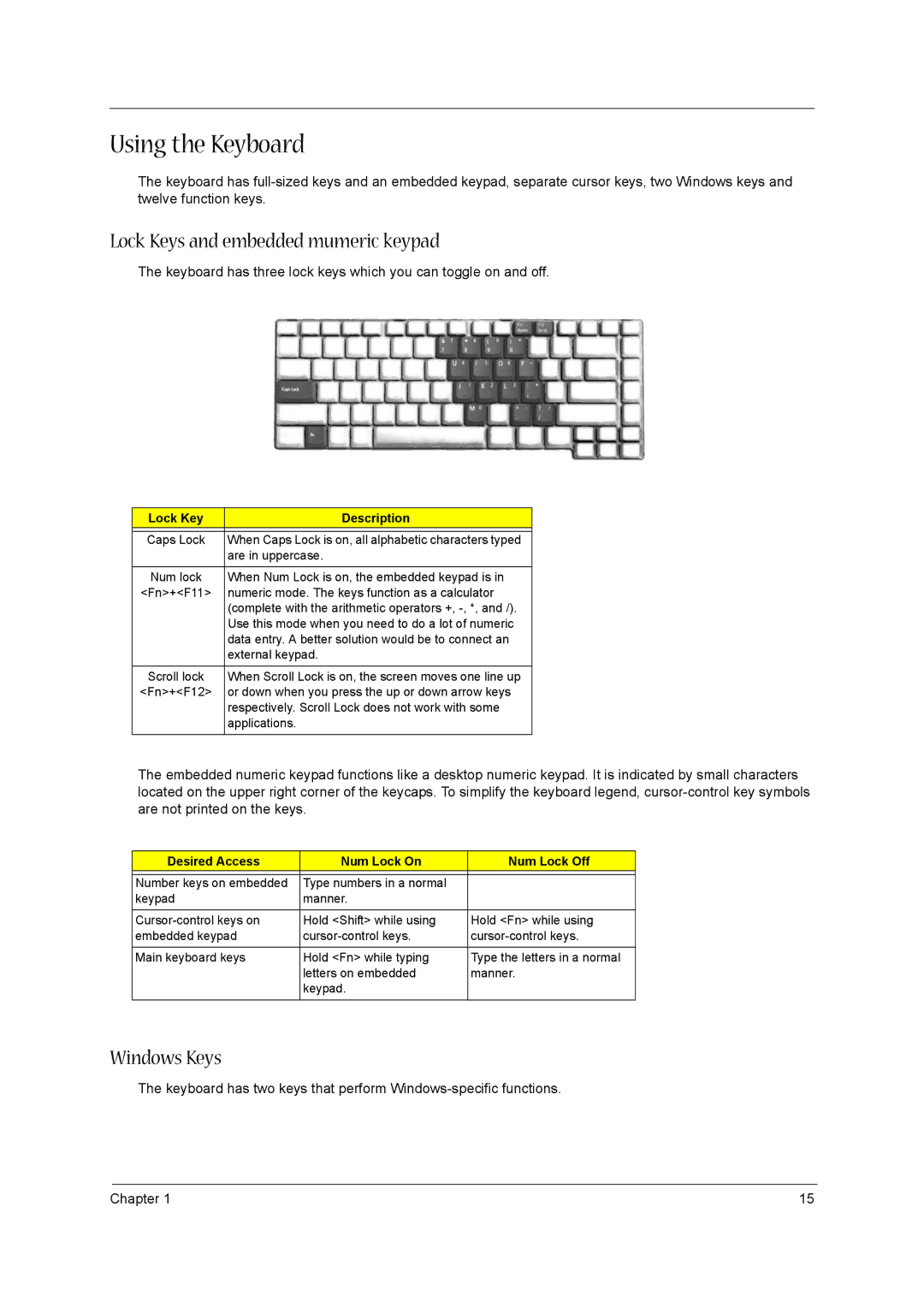 Acer 3600/5500 manual Using the Keyboard, Lock Keys and embedded mumeric keypad, Windows Keys, Lock Key Description 