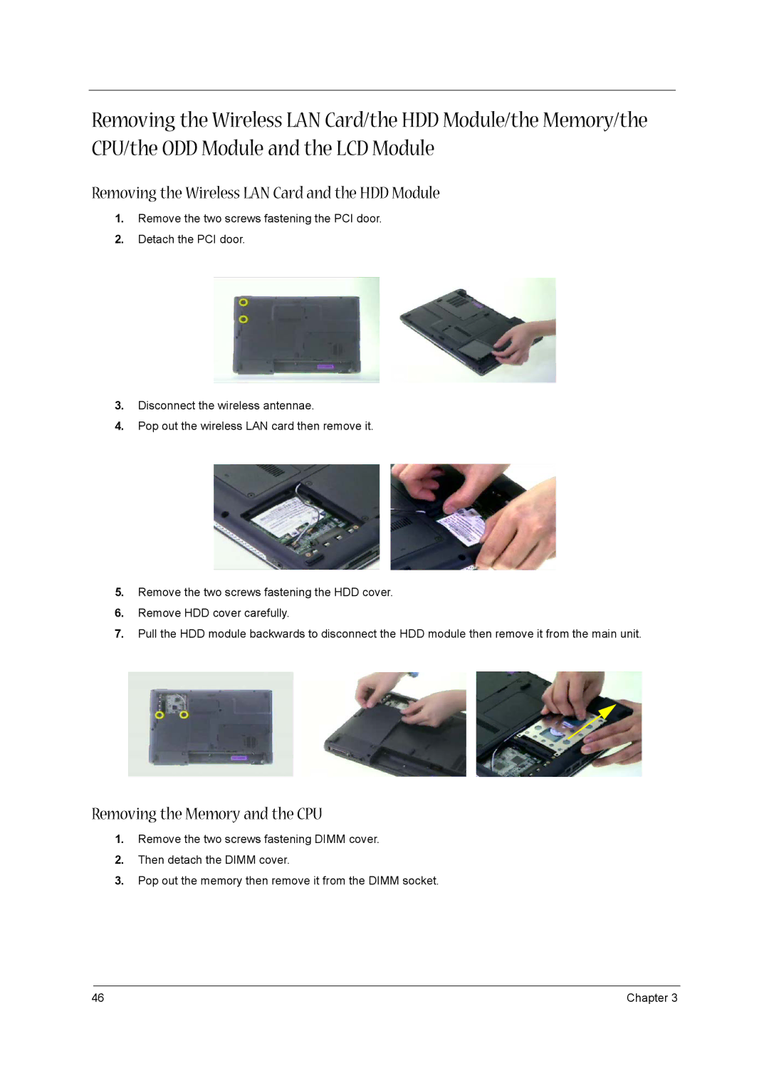 Acer 3600/5500 manual Removing the Wireless LAN Card and the HDD Module, Removing the Memory and the CPU 