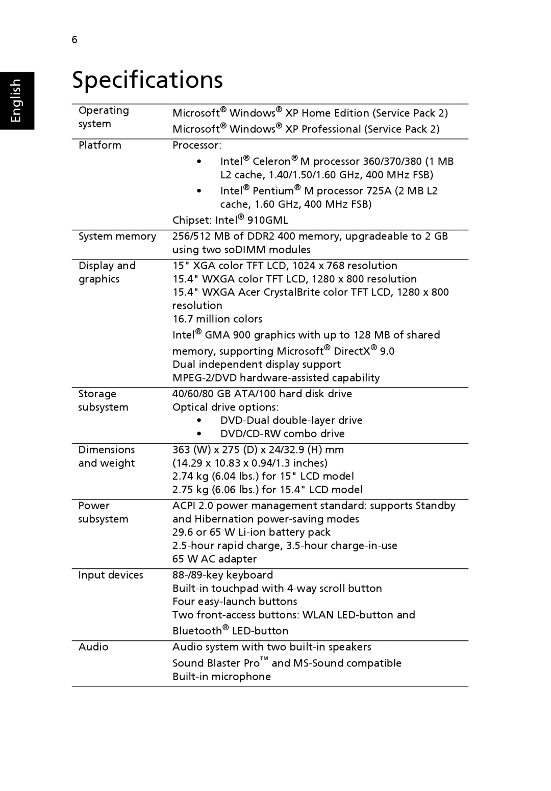 Acer 3610 Series manual Specifications 