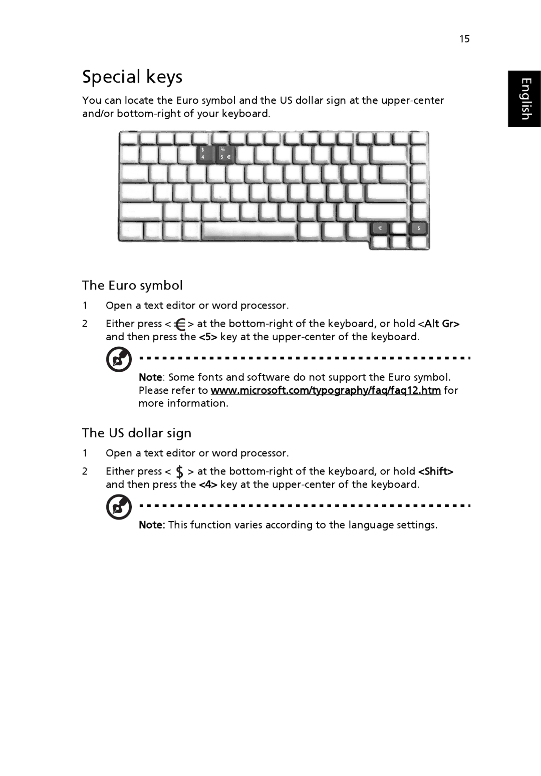 Acer 3610 Series manual Special keys, Euro symbol, US dollar sign 