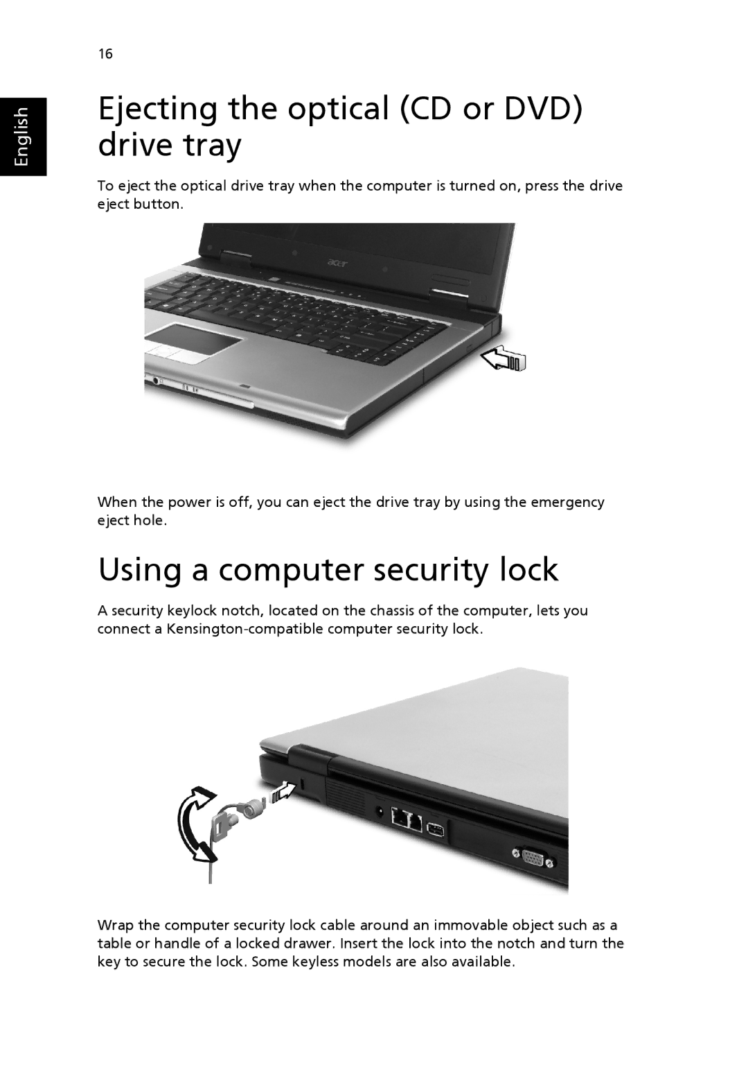 Acer 3610 Series manual Ejecting the optical CD or DVD drive tray, Using a computer security lock 