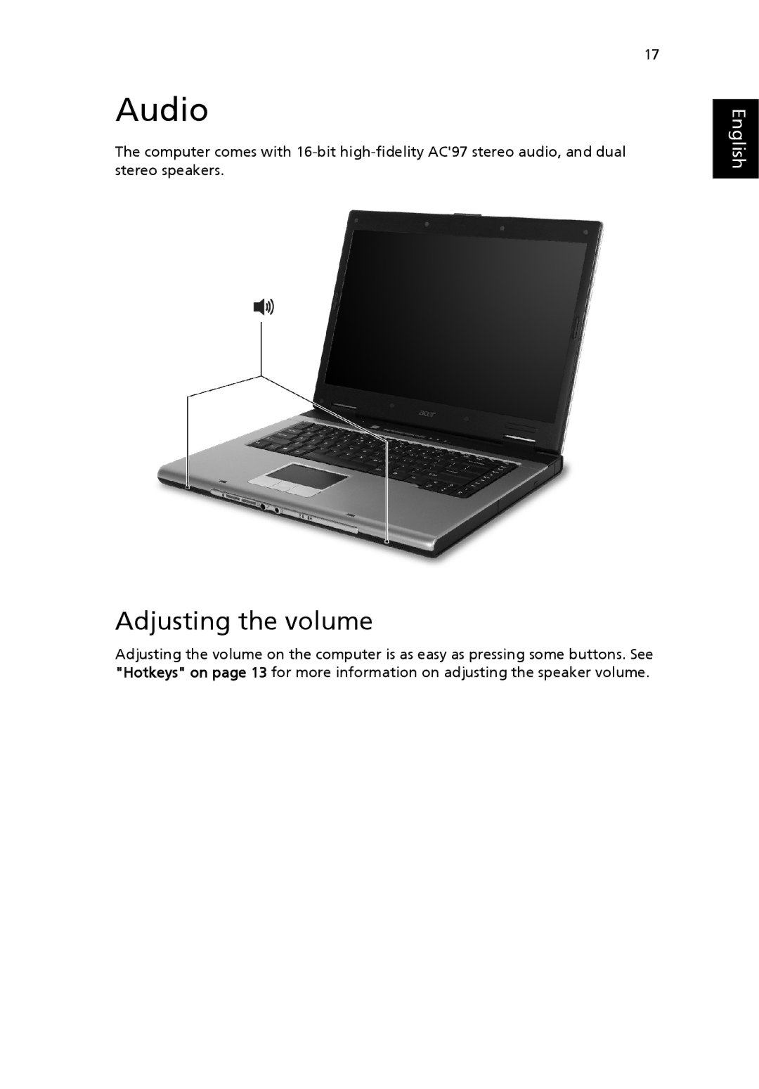 Acer 3610 Series manual Audio, Adjusting the volume 