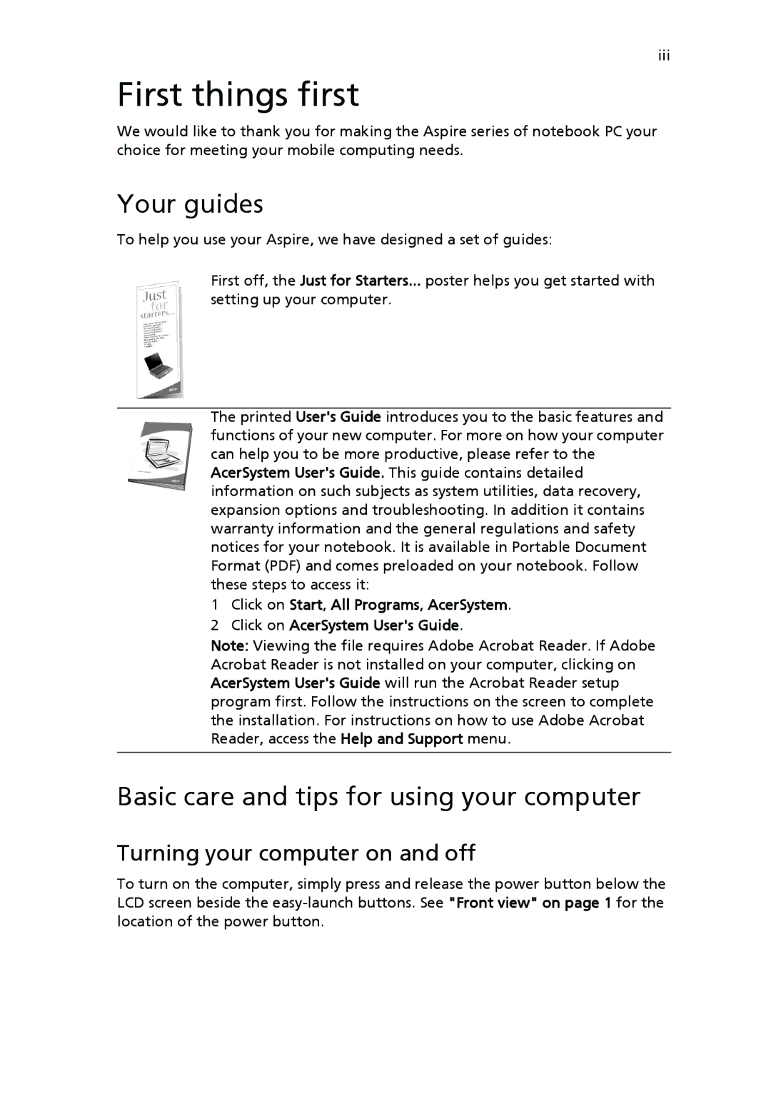 Acer 3610 Series manual First things first, Your guides, Basic care and tips for using your computer 