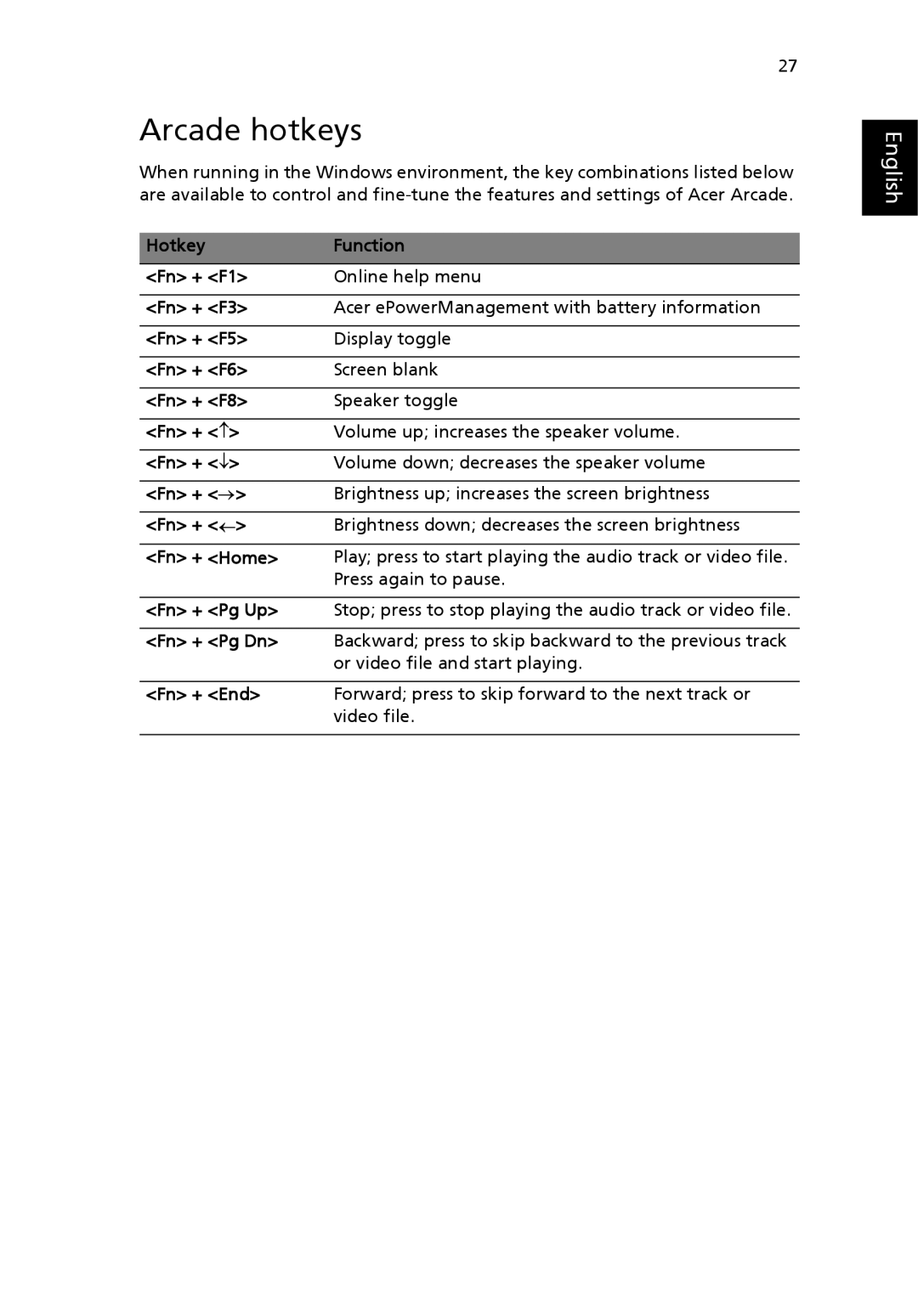 Acer 3610 Series manual Arcade hotkeys 