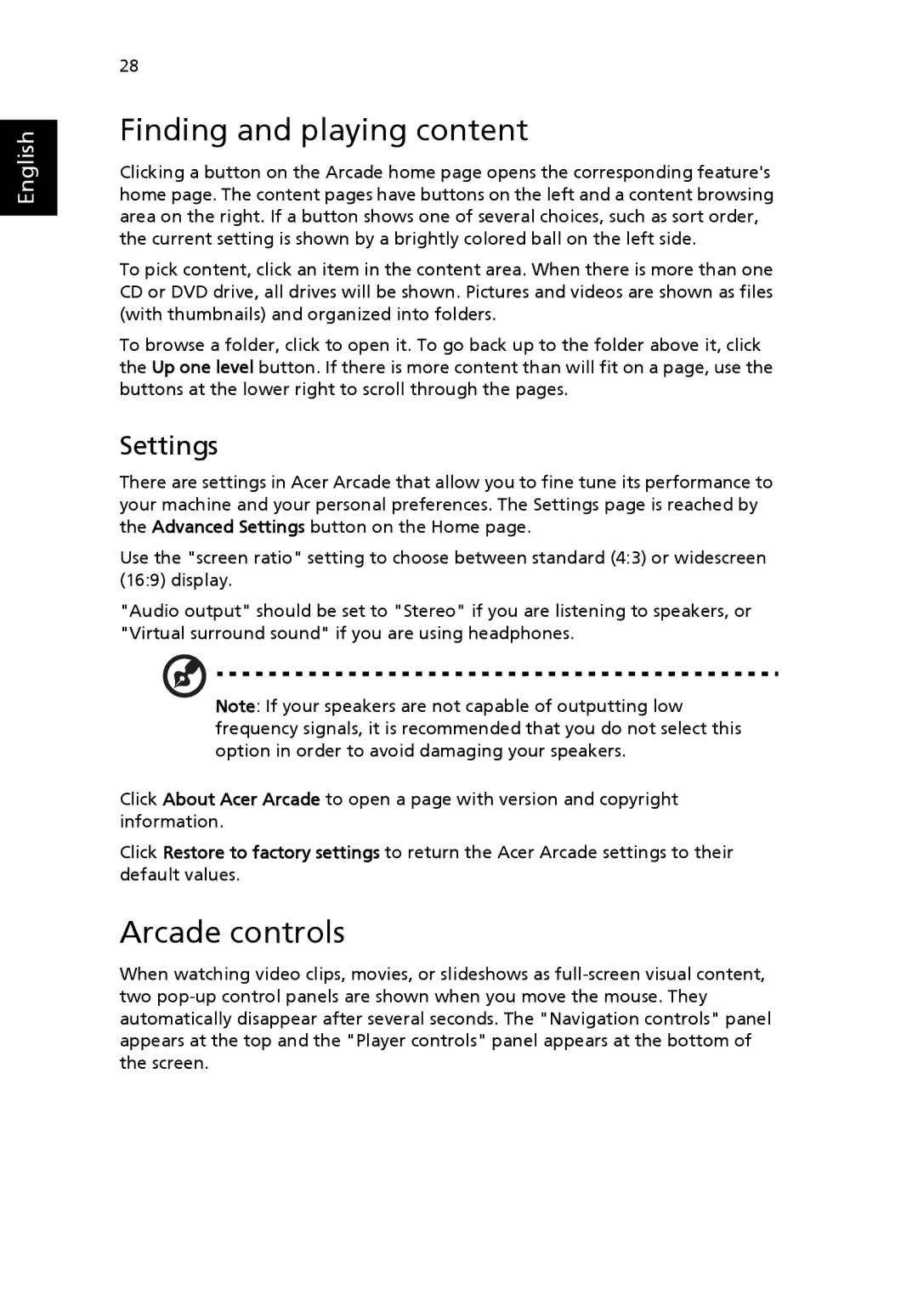 Acer 3610 Series manual Finding and playing content, Arcade controls, Settings 