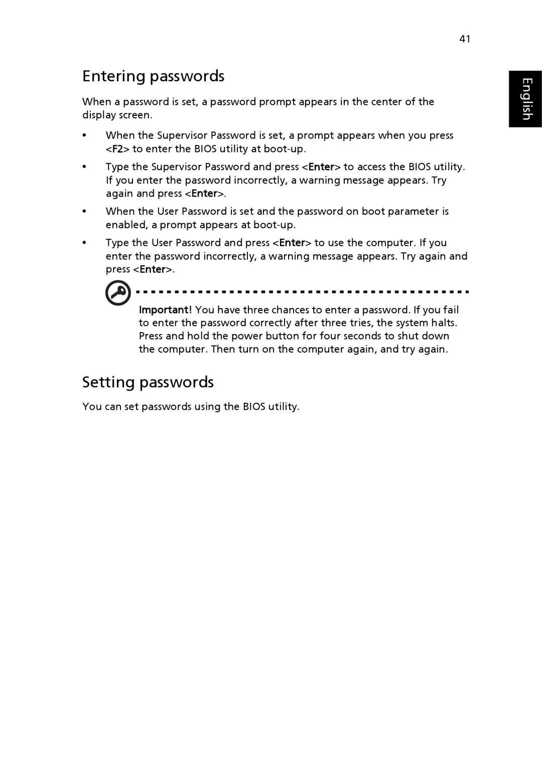 Acer 3610 Series manual Entering passwords, Setting passwords 