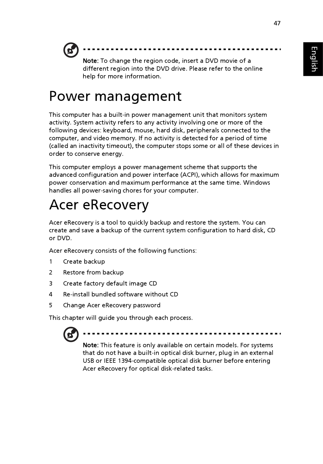 Acer 3610 Series manual Power management, Acer eRecovery 