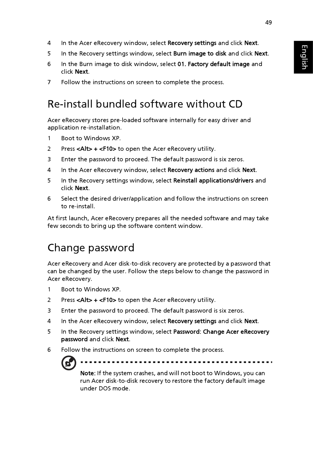 Acer 3610 Series manual Re-install bundled software without CD, Change password 