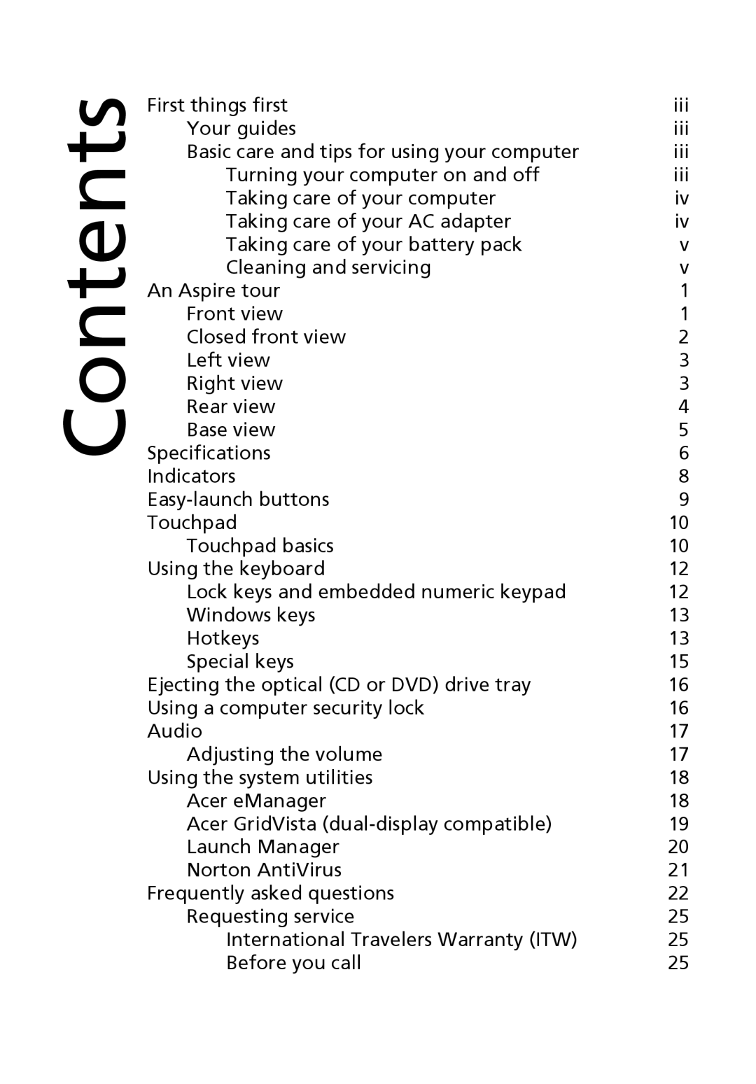 Acer 3610 Series manual Contents 