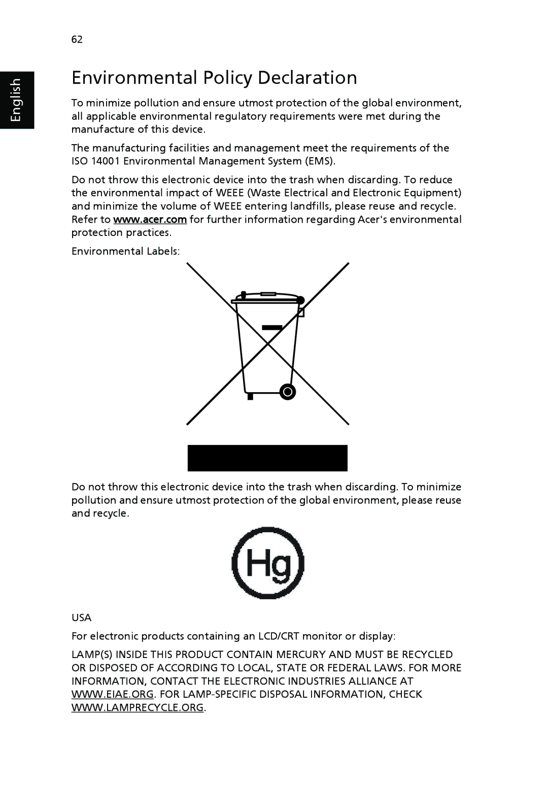 Acer 3610 Series manual Environmental Policy Declaration 