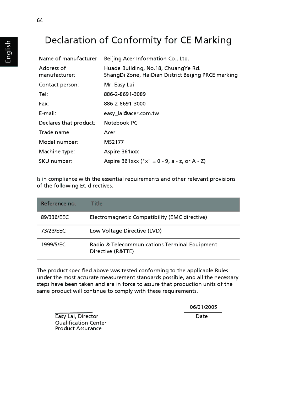 Acer 3610 Series manual Declaration of Conformity for CE Marking 