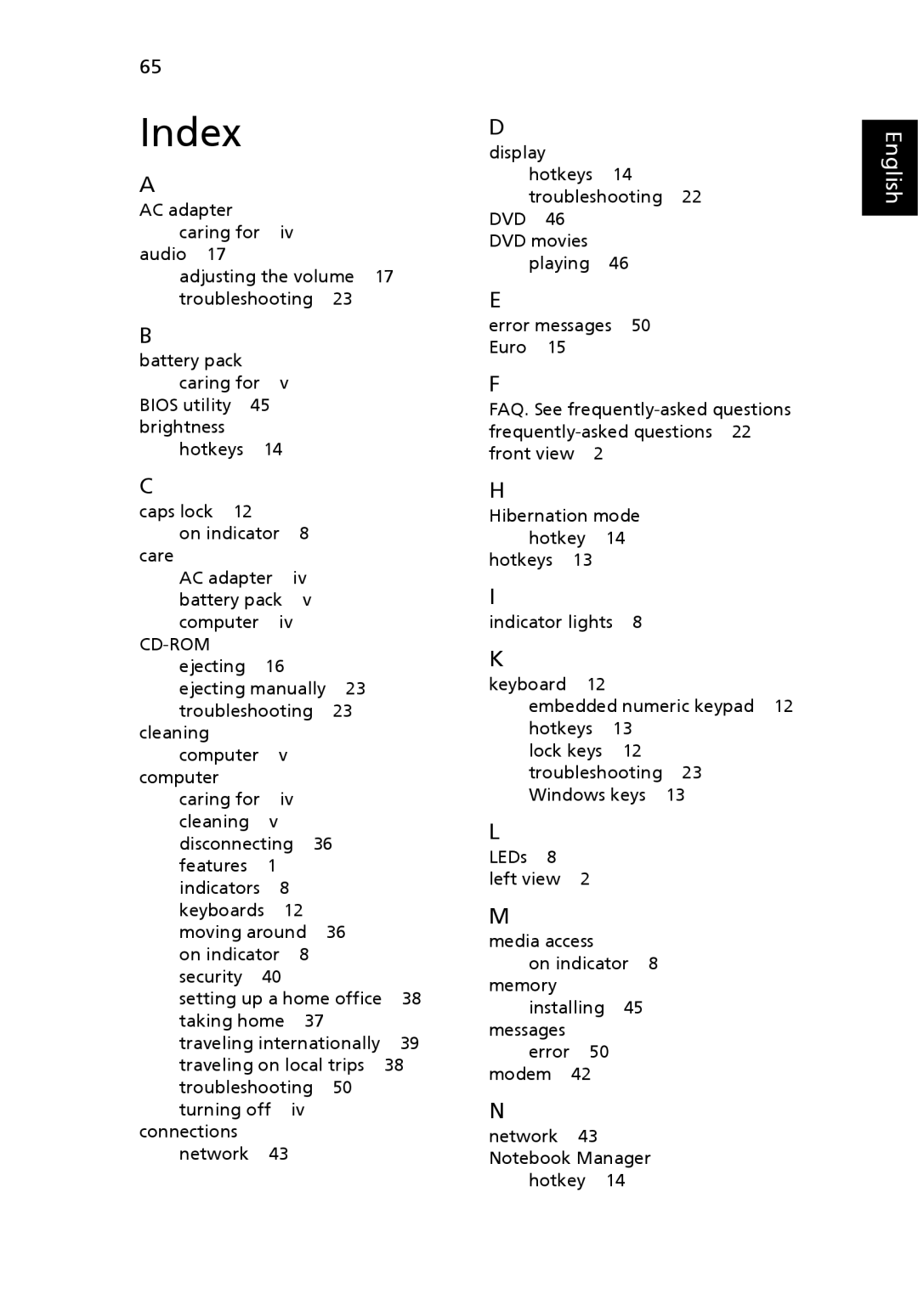 Acer 3610 Series manual Index, Cd-Rom 