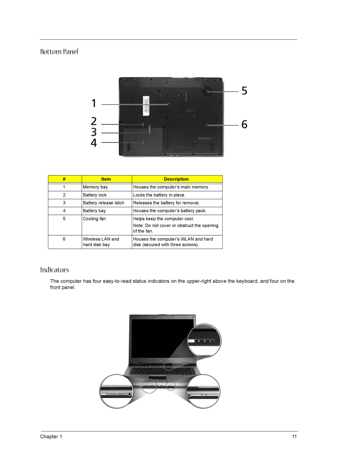 Acer 3610 manual Bottom Panel, Indicators 