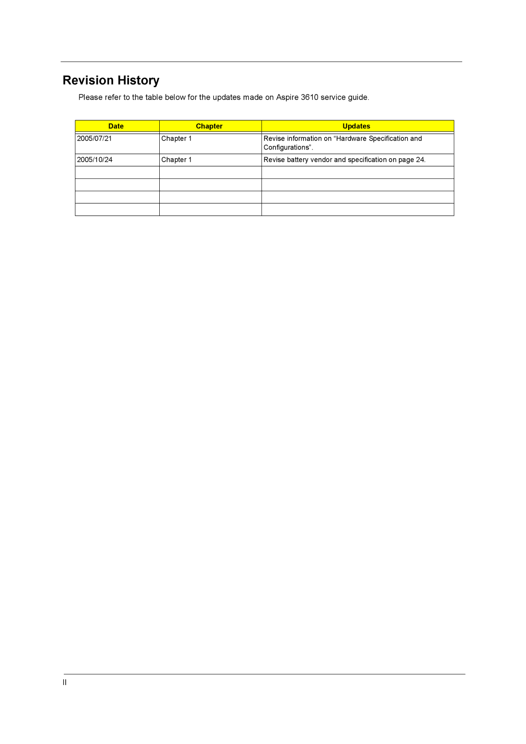 Acer 3610 manual Revision History, Date Chapter Updates 