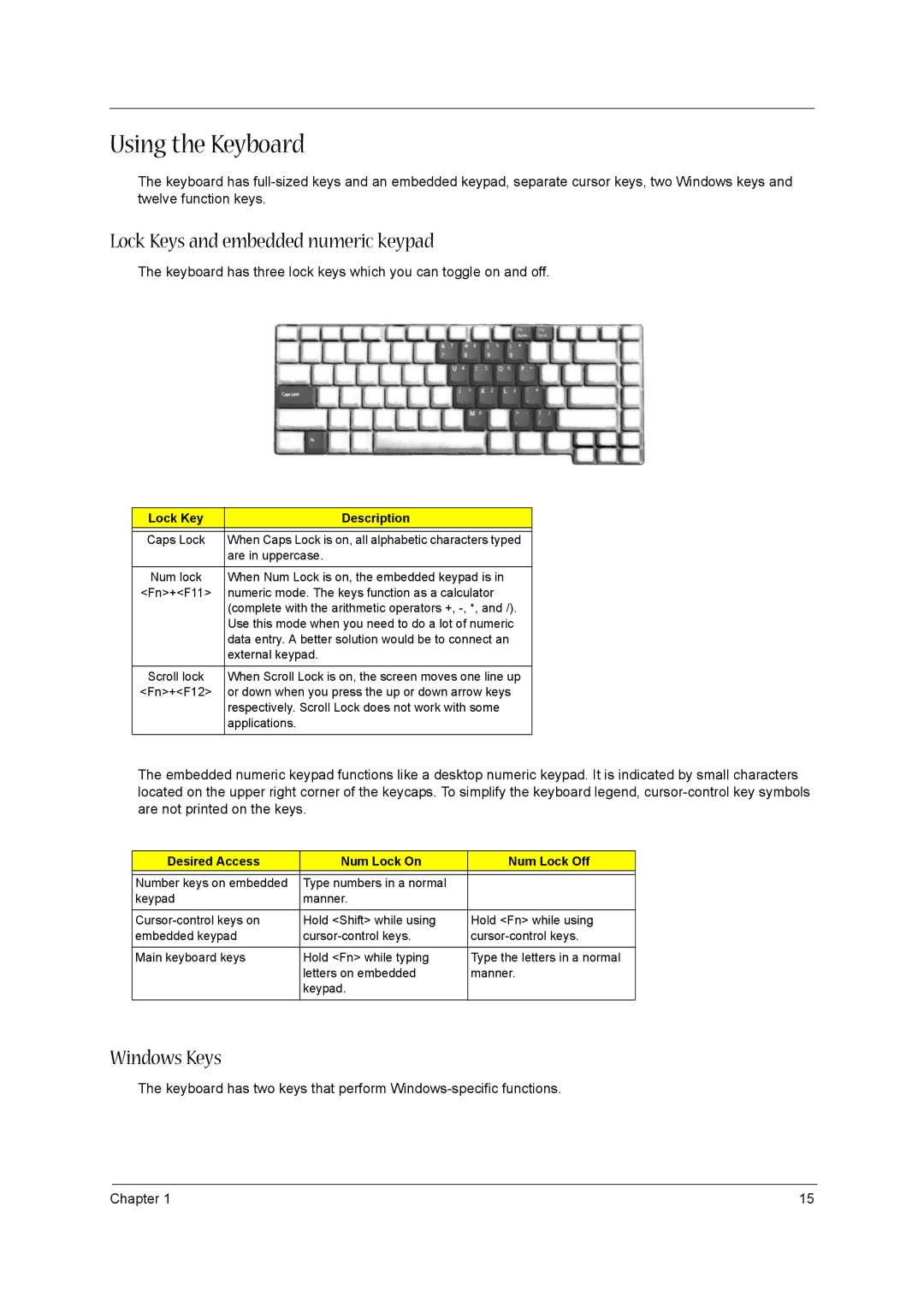 Acer 3610 manual Using the Keyboard, Lock Keys and embedded numeric keypad, Windows Keys, Lock Key Description 