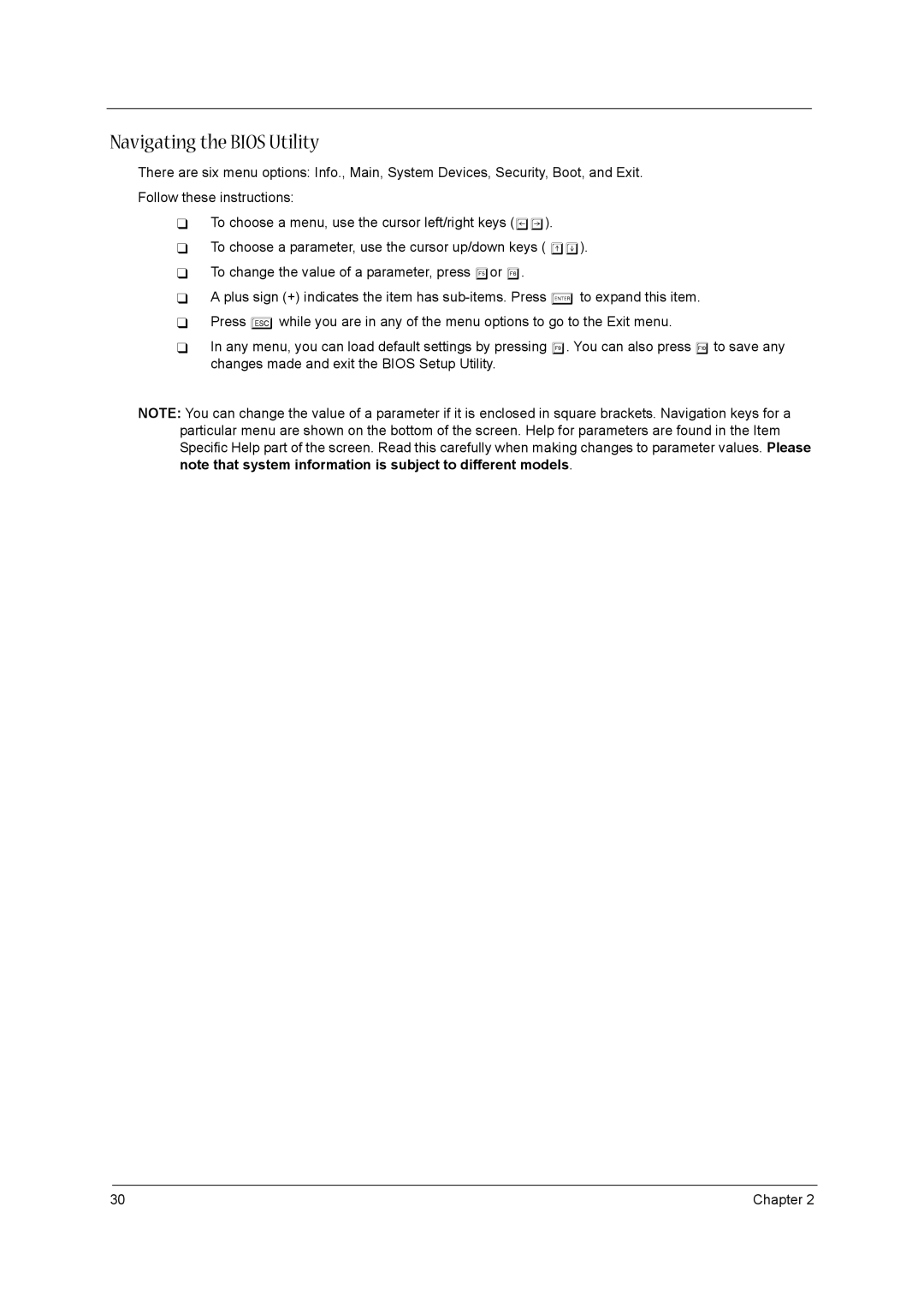 Acer 3610 manual Navigating the Bios Utility 