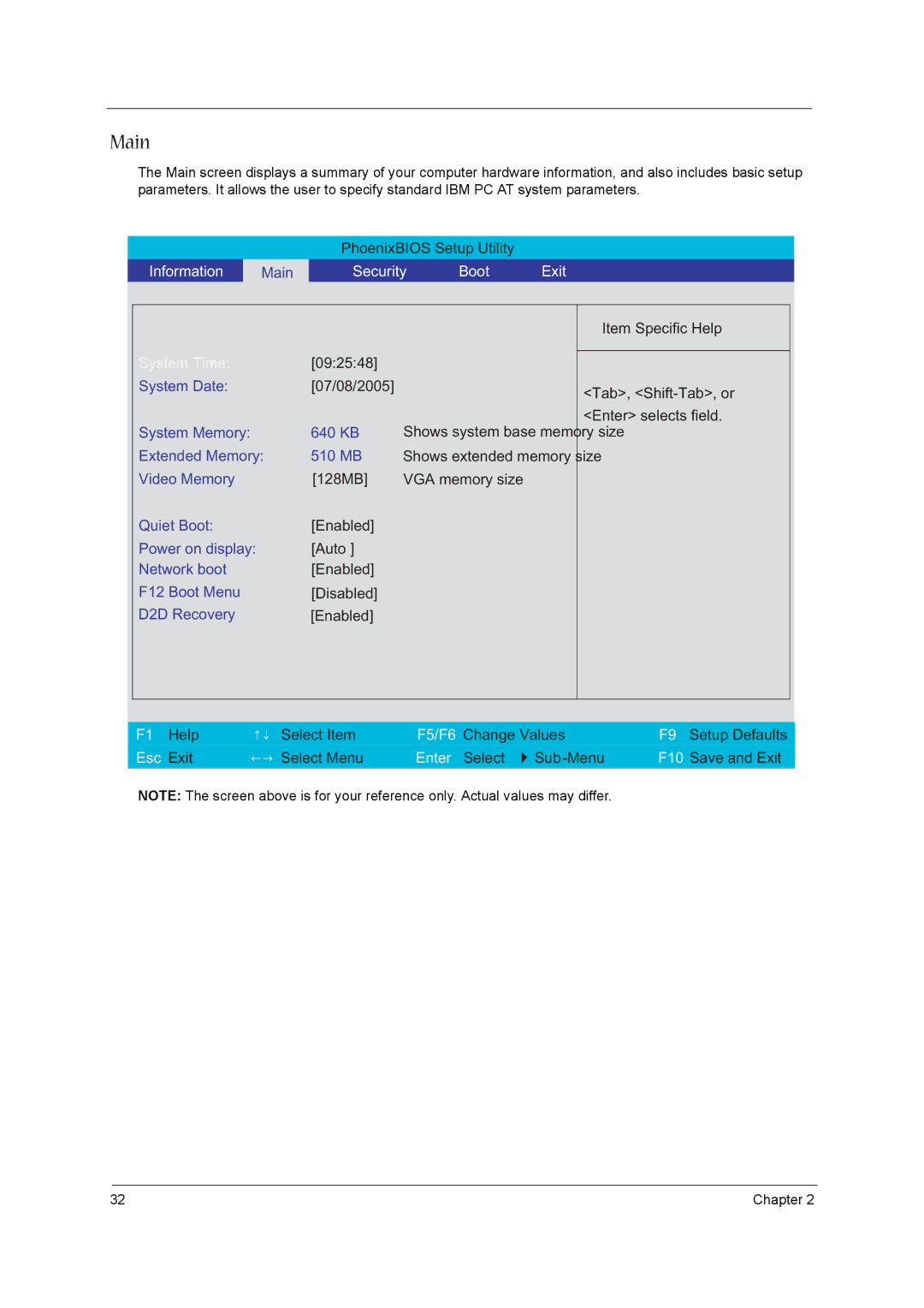 Acer 3610 manual Main, Security Boot Exit 