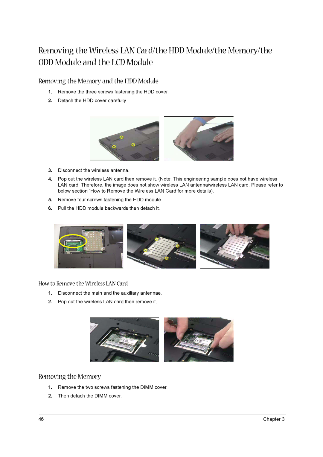 Acer 3610 manual Removing the Memory and the HDD Module 