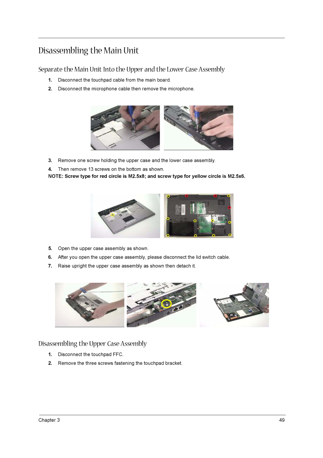 Acer 3610 manual Disassembling the Main Unit, Disassembling the Upper Case Assembly 