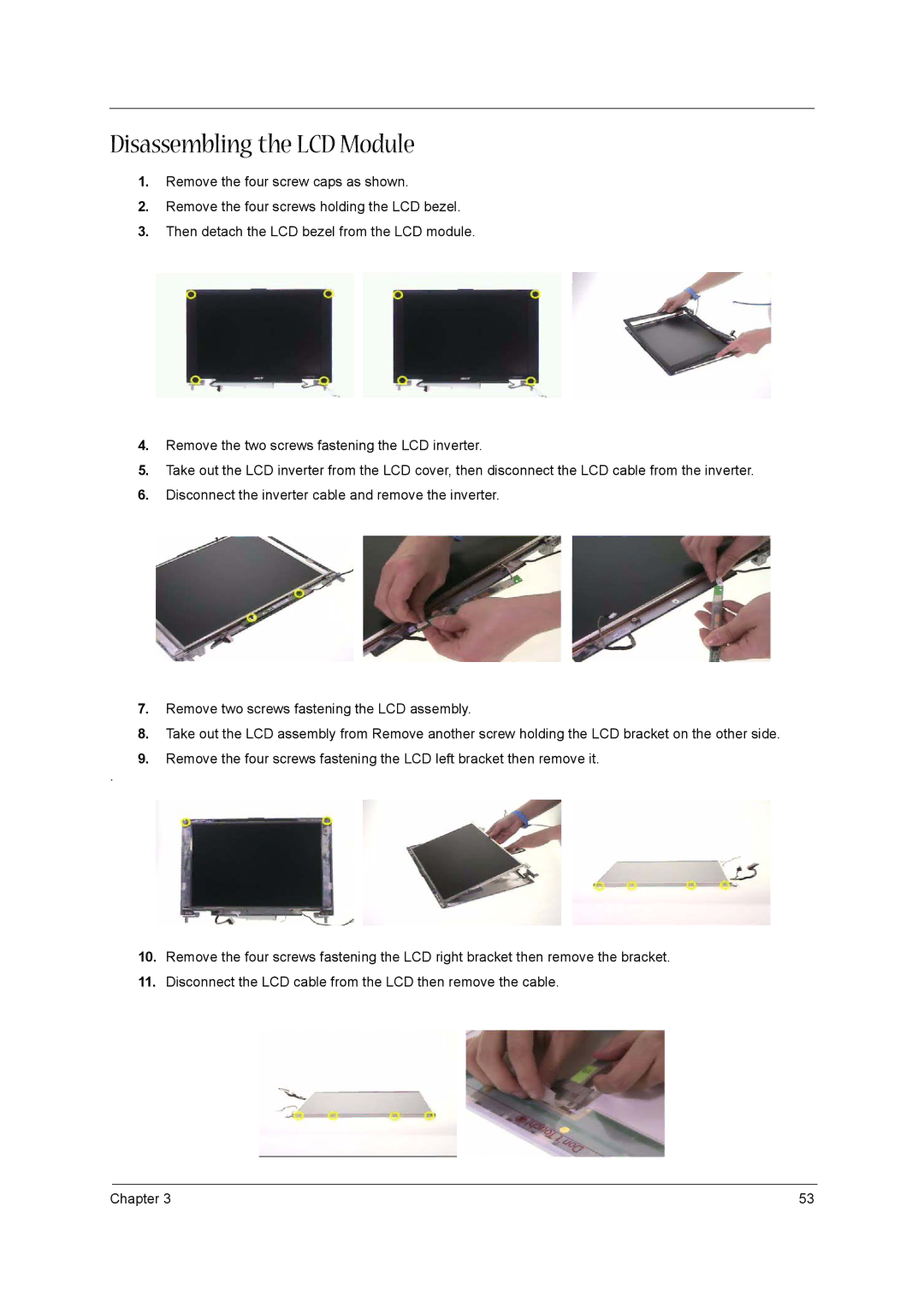 Acer 3610 manual Disassembling the LCD Module 