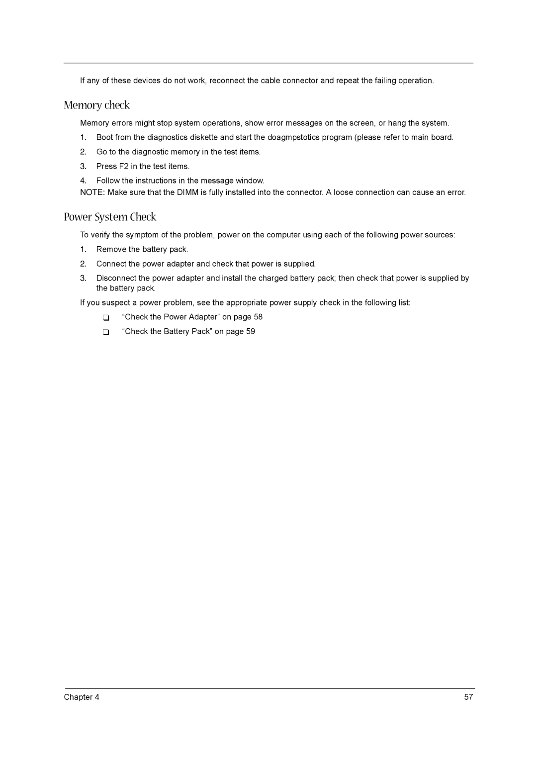 Acer 3610 manual Memory check, Power System Check 