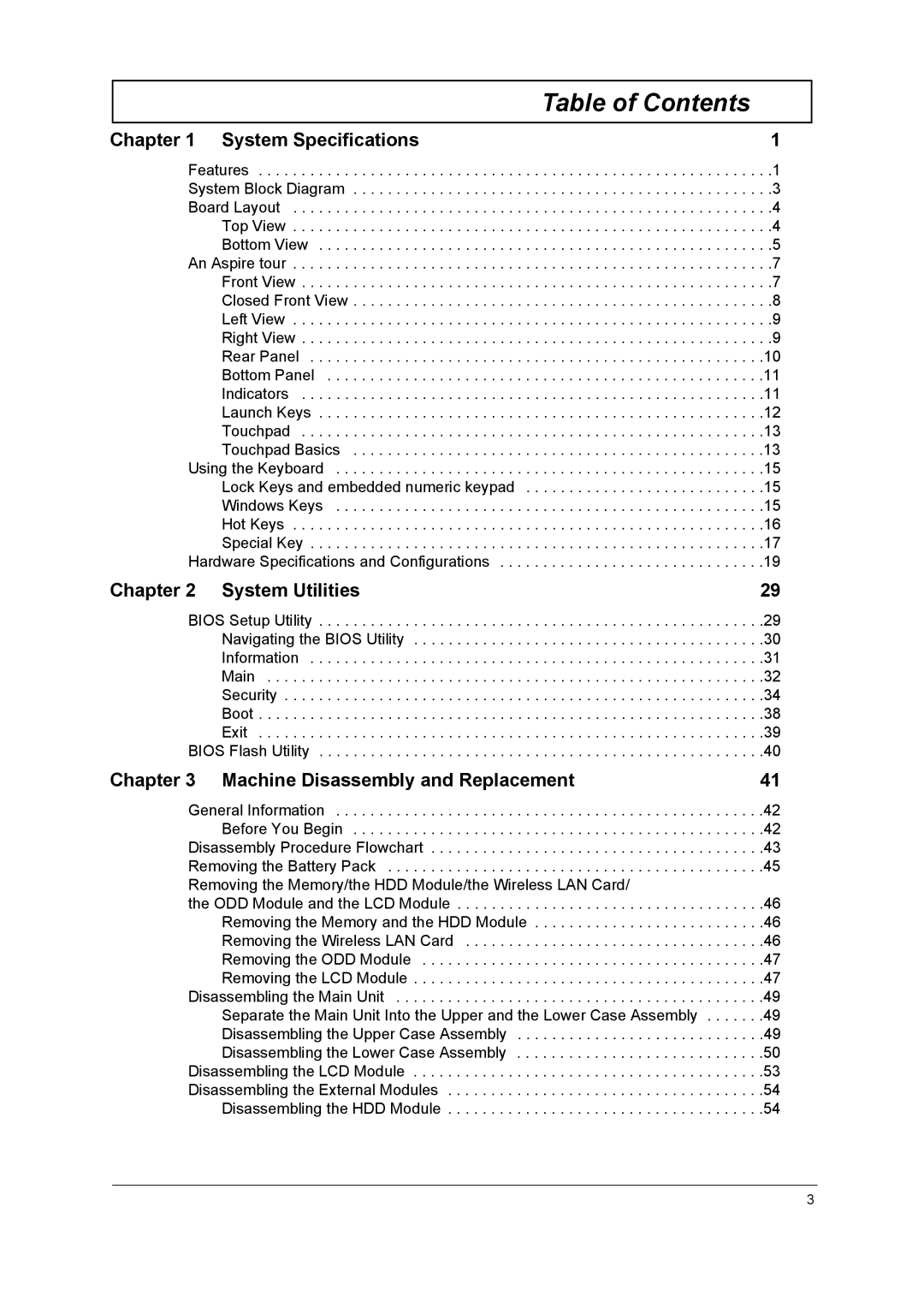 Acer 3610 manual Table of Contents 